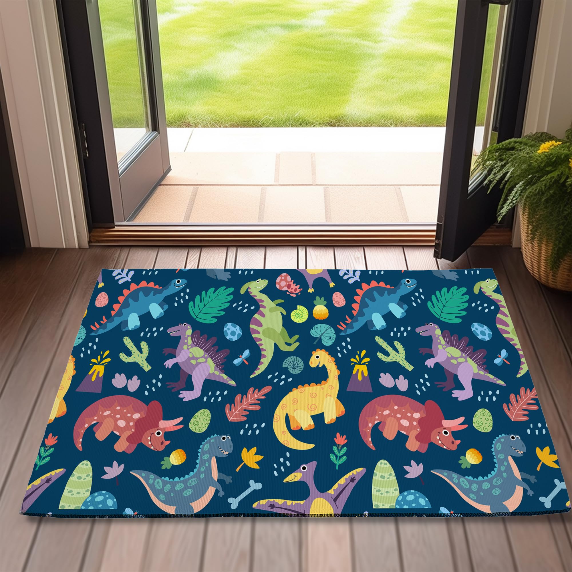 SPUNKER Door Mat,Cute Dinosaur Front Door Mat 17x30,Tropical Leaves Doormats Indoor Entrance,Welcome Entry Mat,Outdoor Welco