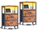 Furologee Nightstands Set of 2 Charging Station, End Tables with LED Lights, Nightstands with 2 Fabric Drawers and Shelves, Beds