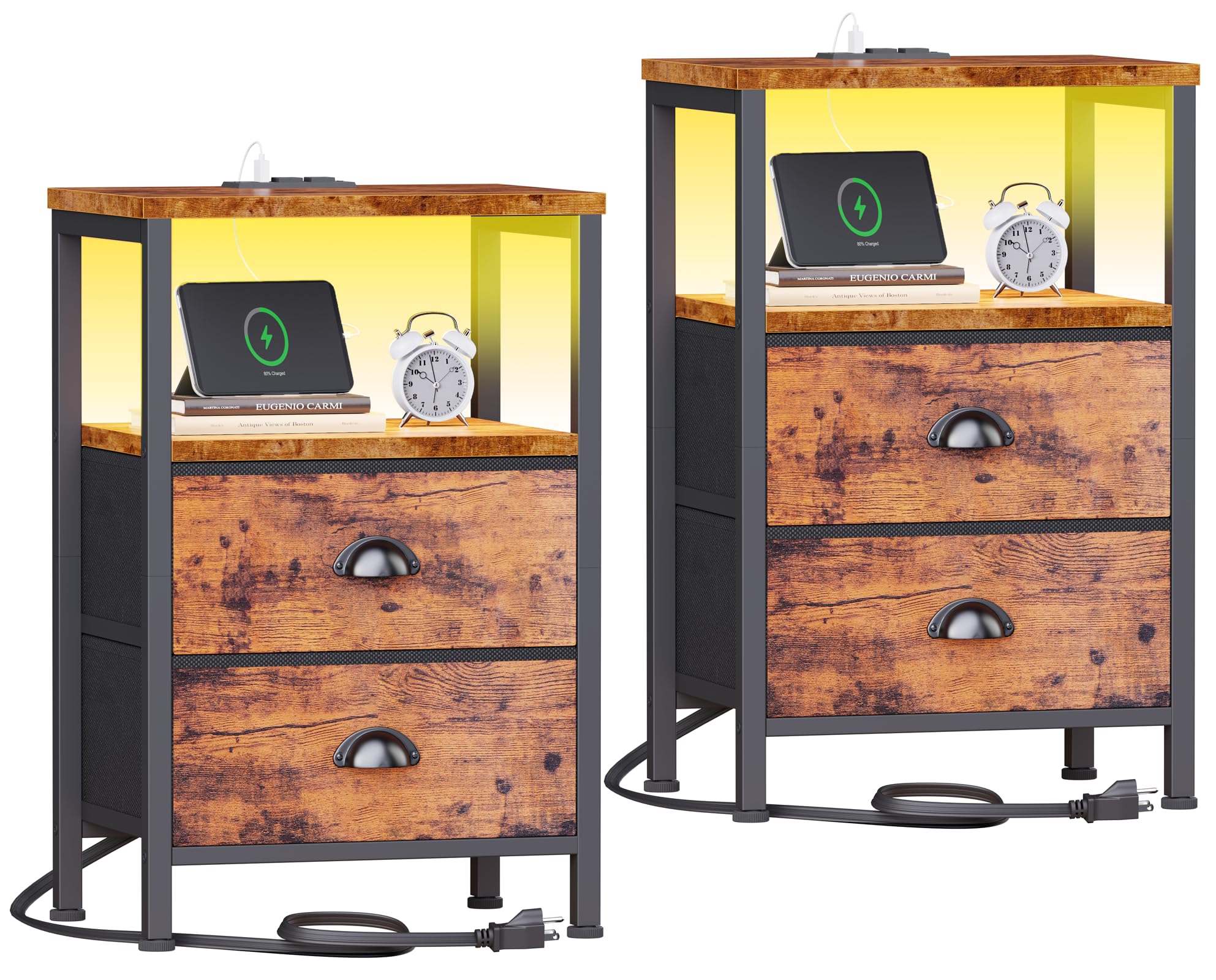 Furologee Nightstands Set of 2 Charging Station, End Tables with LED Lights, Nightstands with 2 Fabric Drawers and Shelves, Beds