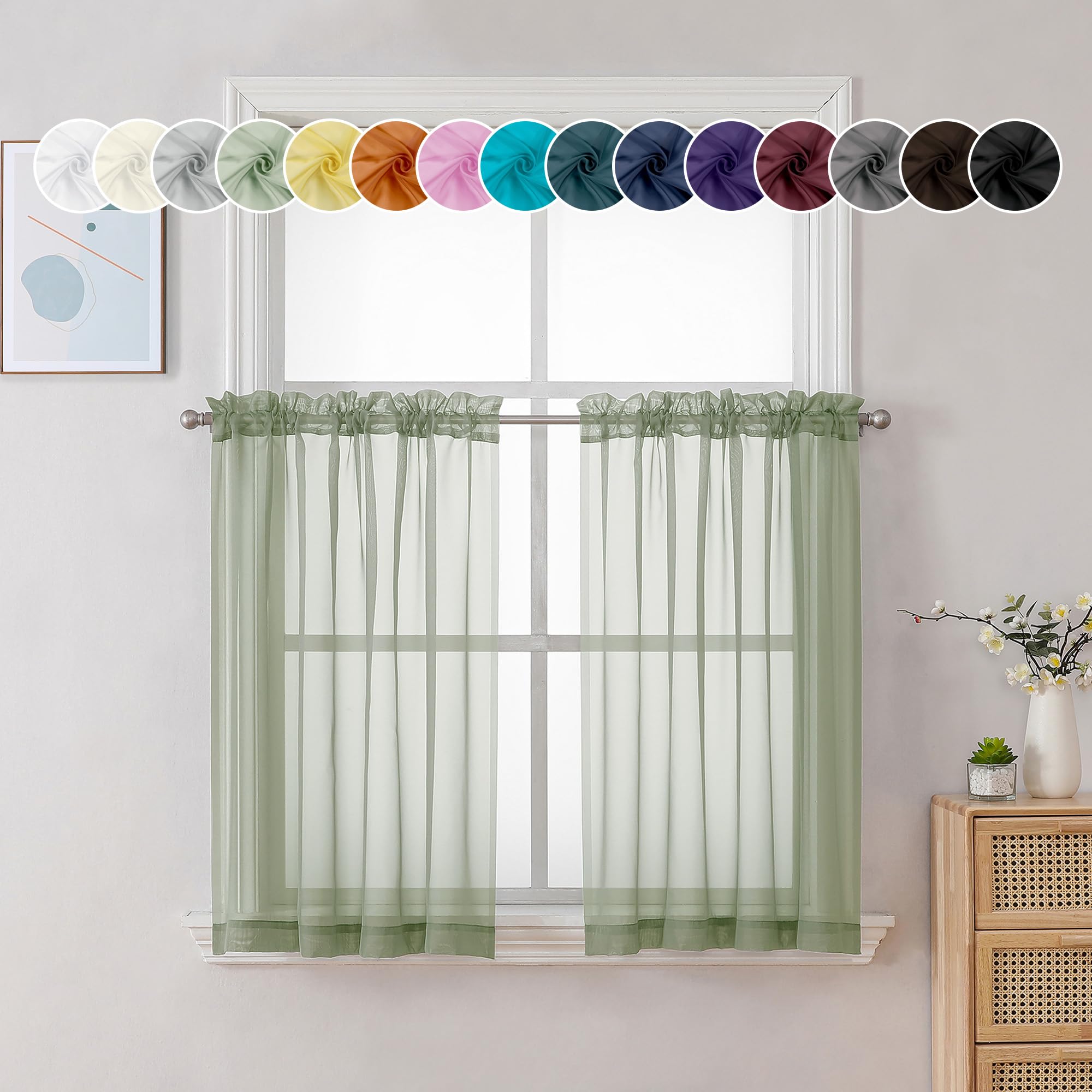 Chyhomenyc Kitchen Window Sheer Curtains Tier Pair 36in Length, Short Voile Sheer Window Curtians for Small Window Bathroom Cafe