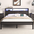 Full Size Bed Frame with Storage Headboard, Industrial Platform Bed with Charging Station and LED Lights, Heavy Duty Metal Slats