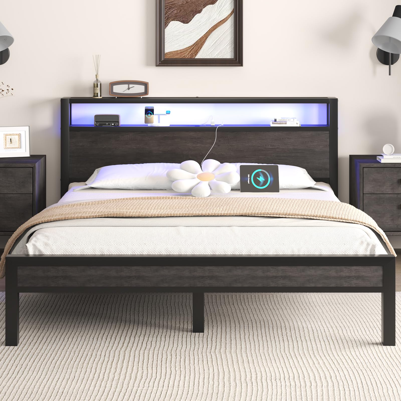 Full Size Bed Frame with Storage Headboard, Industrial Platform Bed with Charging Station and LED Lights, Heavy Duty Metal Slats