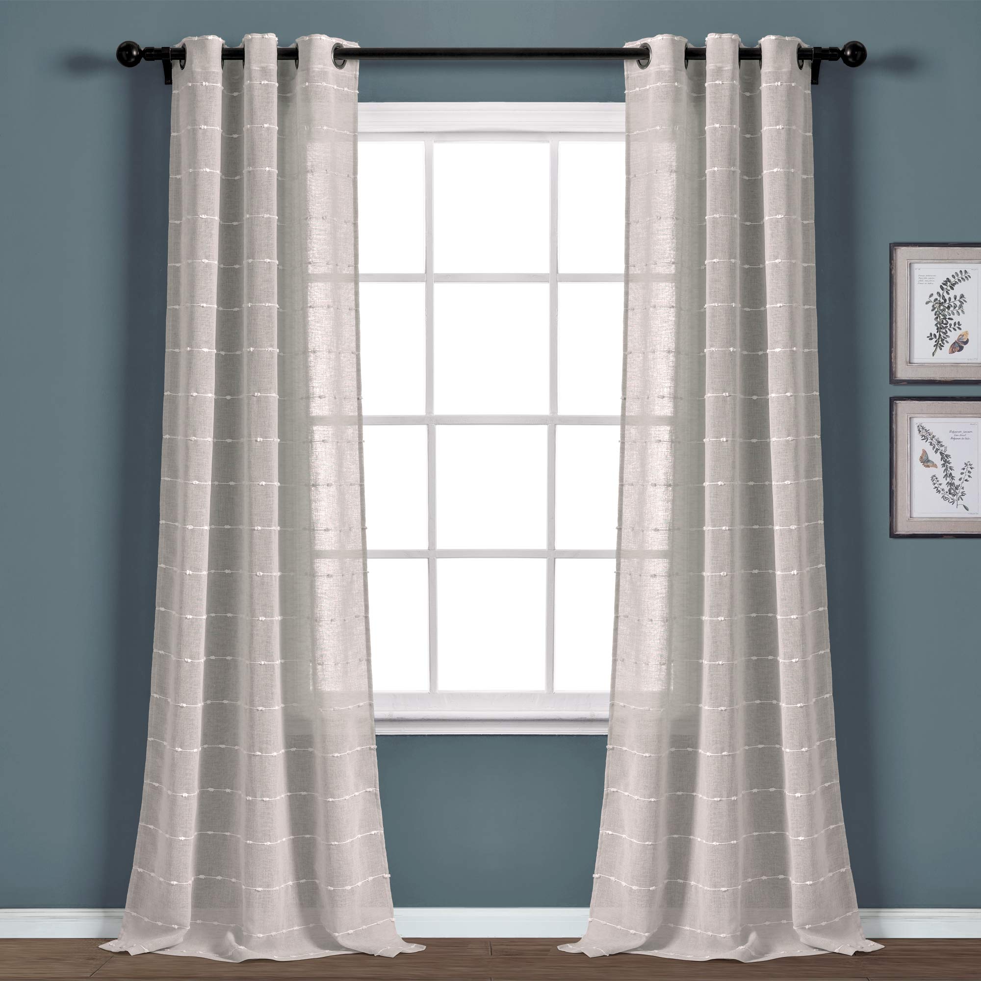 Lush Decor Farmhouse Textured Grommet Sheer Window Curtain Panel Pair, 38W x 95L, Gray
