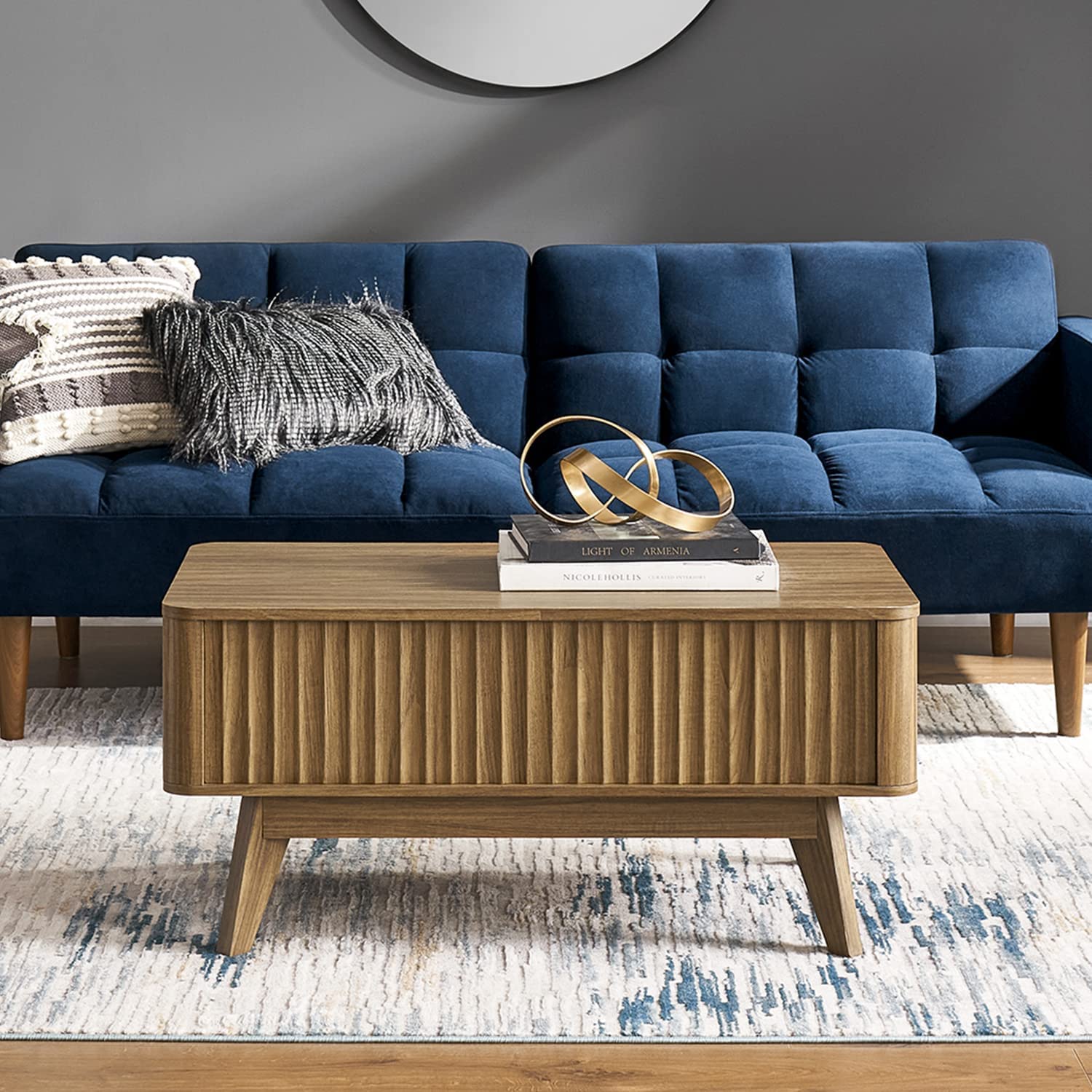 mopio Brooklyn Lift Top Coffee Table for Living Room, Mid Century, Modern Farmhouse with Lifting Tabletop & Hidden Storage, Flut