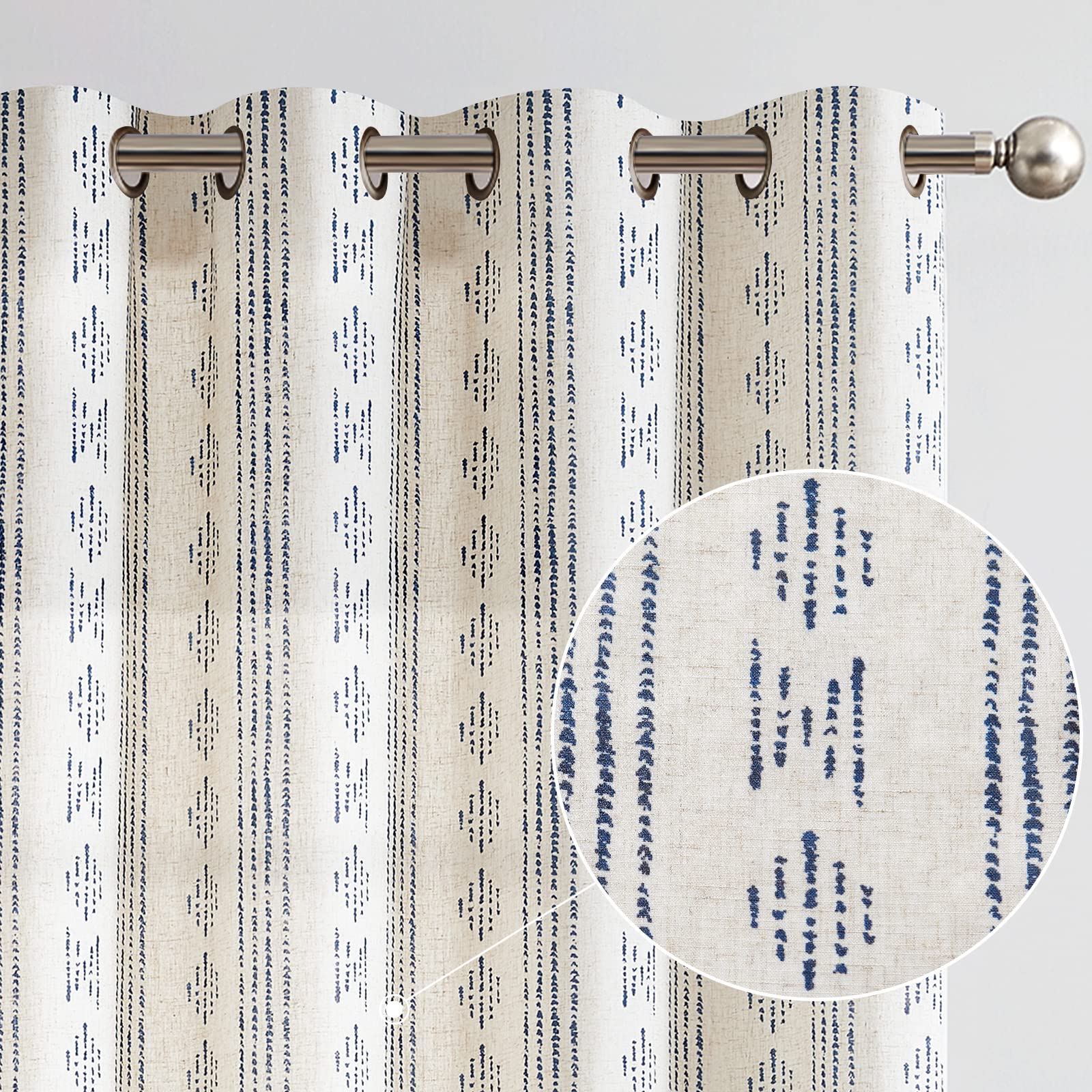 jinchan Boho Curtains Linen Curtains for Living Room Blue Farmhouse Curtains 72 Inch Length Geometric Striped Patterned Mudcloth