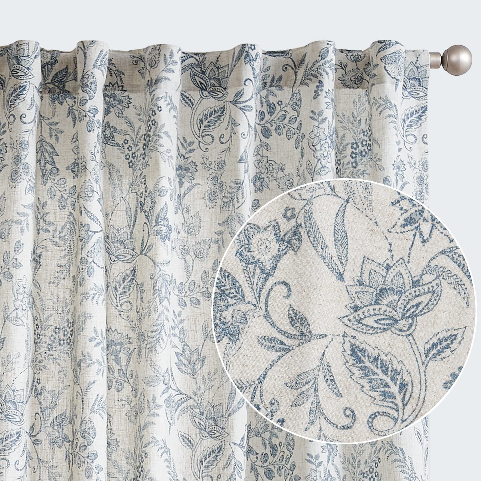 Vangao Blue Floral Linen Curtains for Bedroom 63 Inch Length Farmhouse Curtains for Living Room Vintage Print Light Filtering Wi