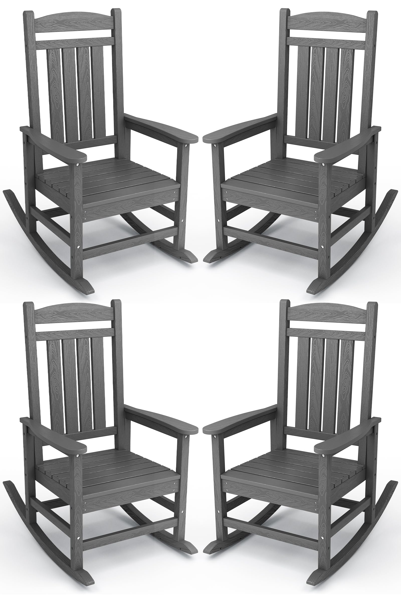 KINGYES HDPE Patio Rocking Chair Set of 4, Outdoor Rocking Chairs Porch Rocker for Adults, Grey