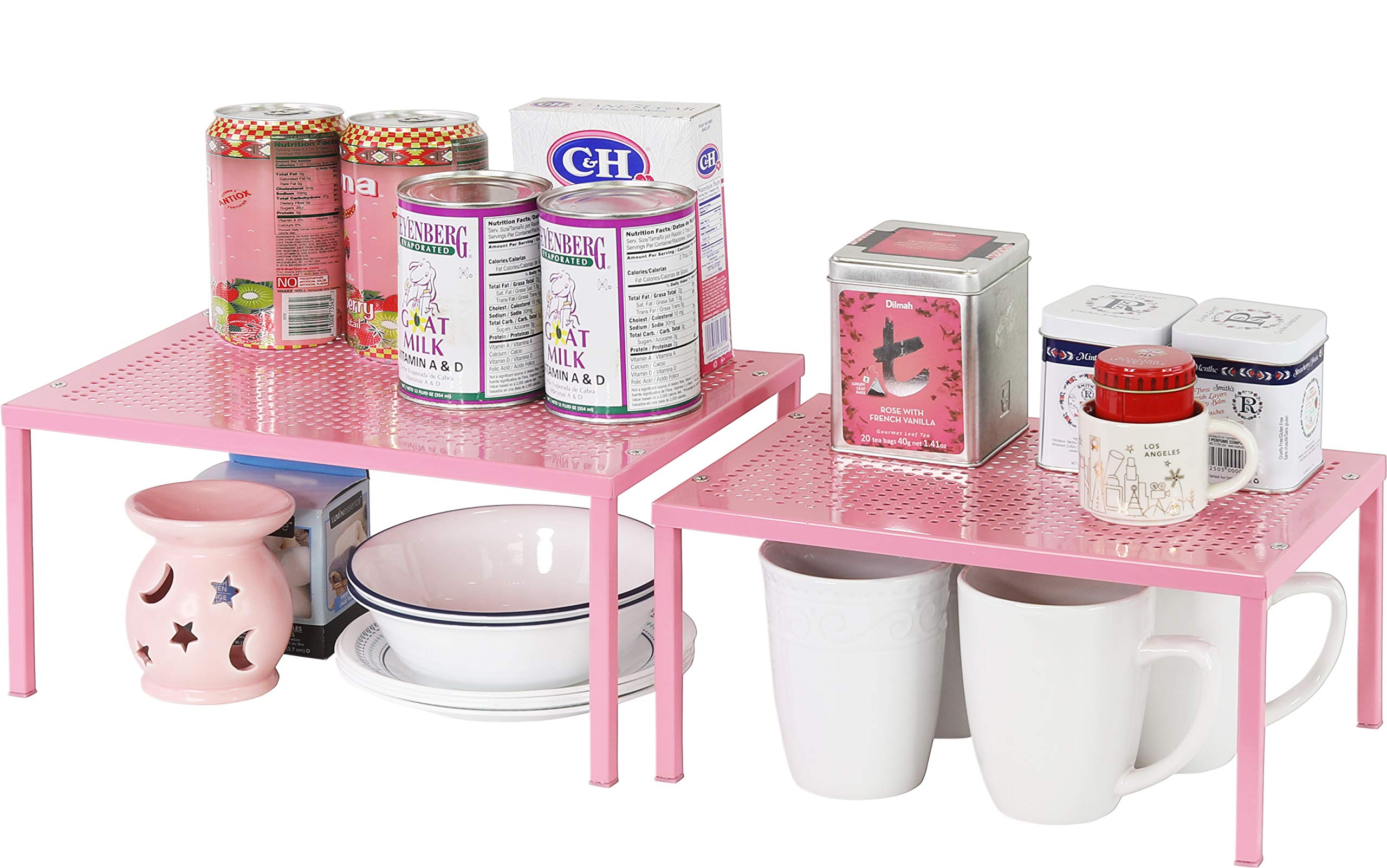 SimpleHouseware Expandable Stackable Kitchen cabinet and counter Shelf Organizer, Pink