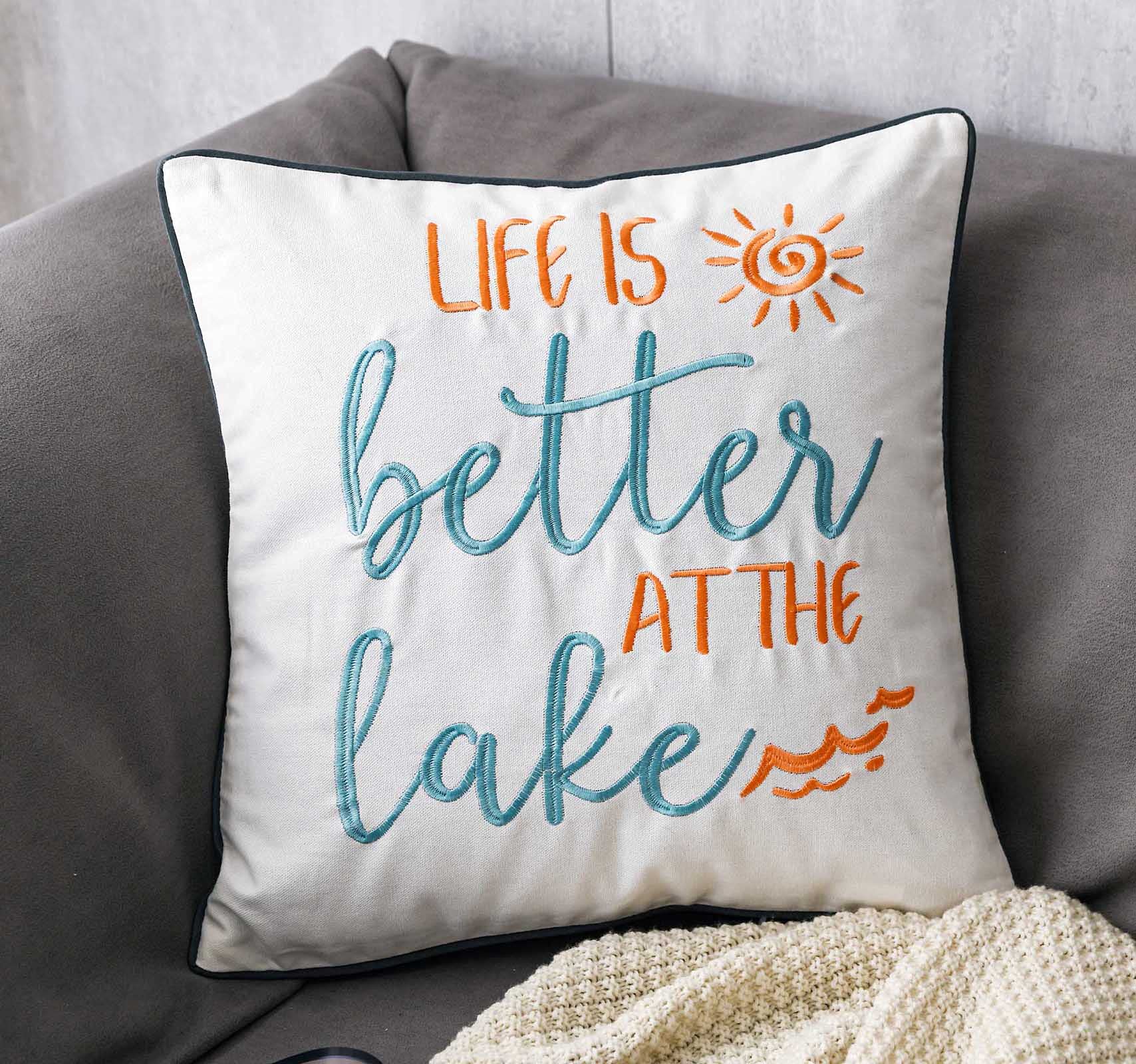 DECOPOW Embroidered Life is Better at The Lake Throw Pillow Cover,Square 18 inches Decorative Canvas Pillow Cover with Life is B