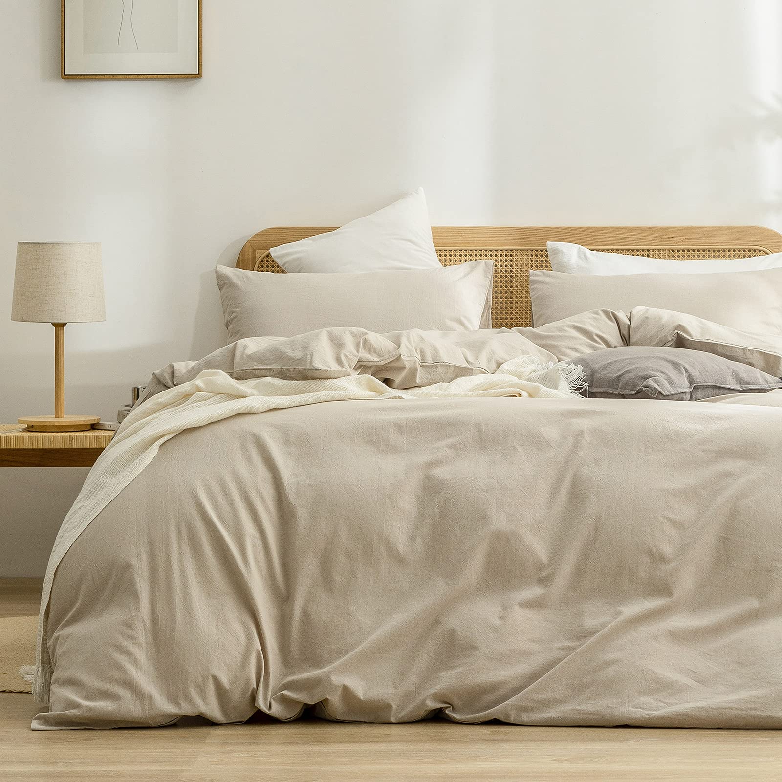 BESTOUCH Duvet Cover Set 100% Washed Cotton Linen Feel Super Soft Comfortable Chic Lightweight 2 PCs Home Bedding Set Solid Almo