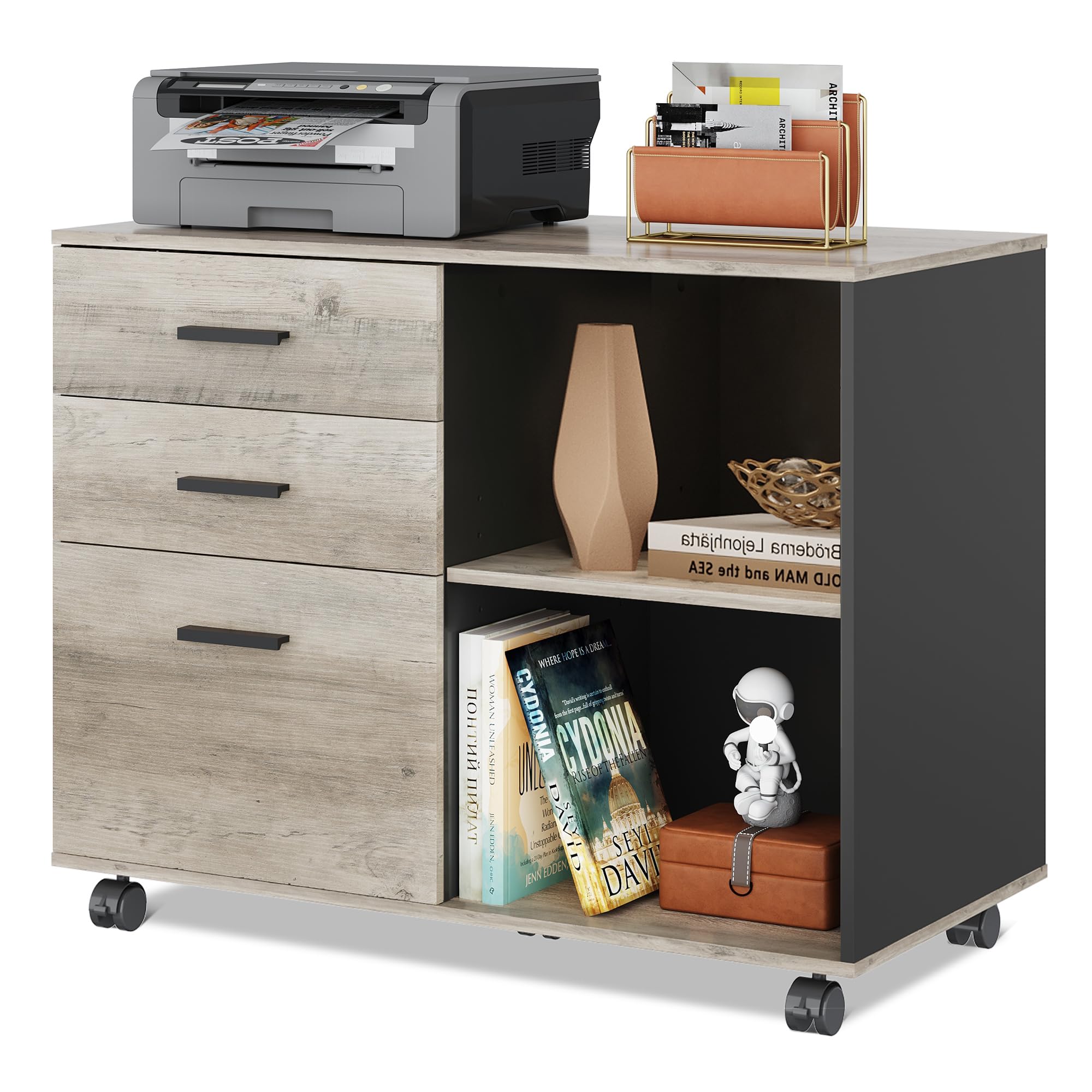 DEVAISE 3 Drawer Mobile File Cabinet, Wood Lateral Filing Cabinet, Printer Stand with Open Shelves for Home Office, Greige