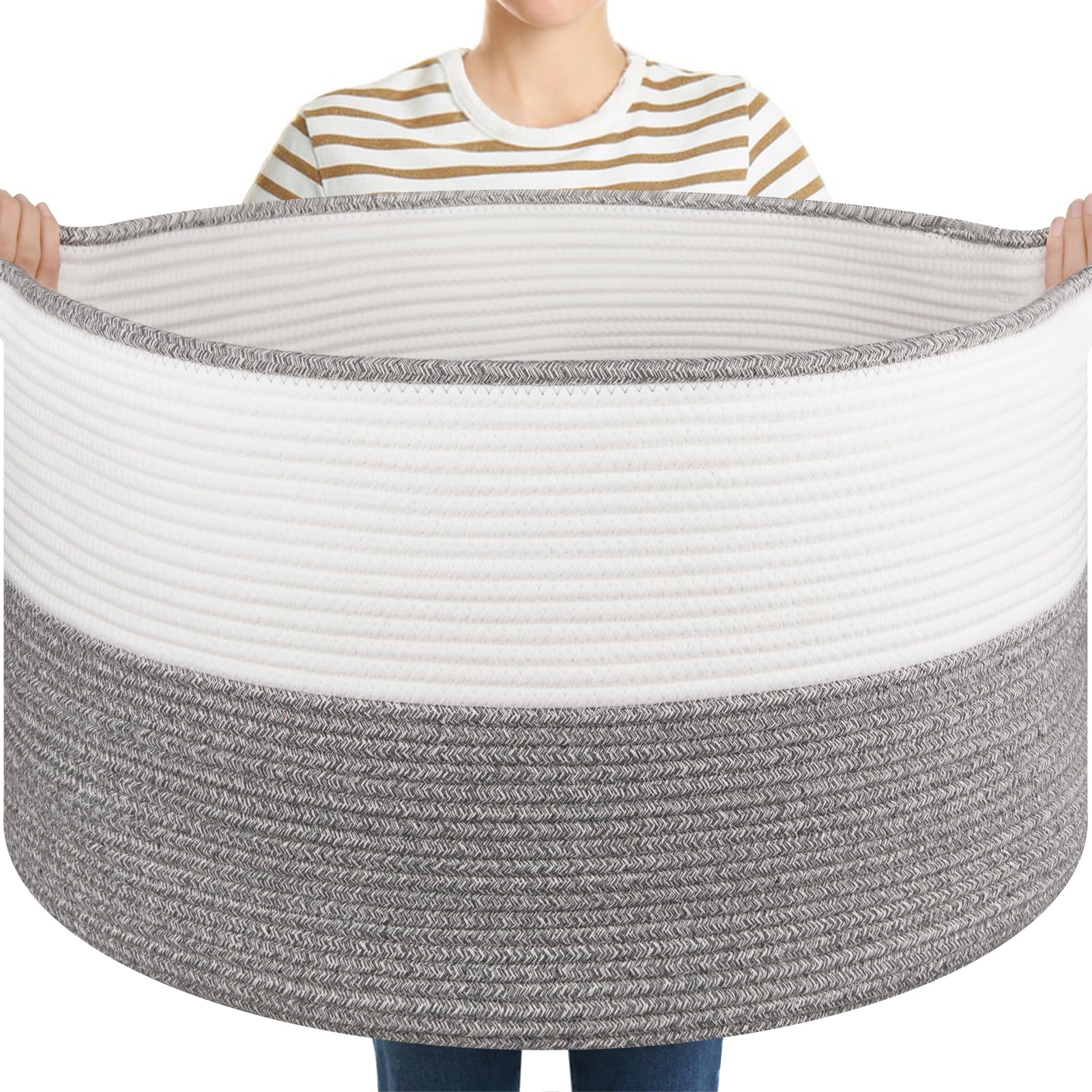 OIASKET Large Blanket Basket with Handles, 22.8 x 22.8 x 13 Woven Storage Basket for Living Room, Cotton Rope Baby Toy Storage f