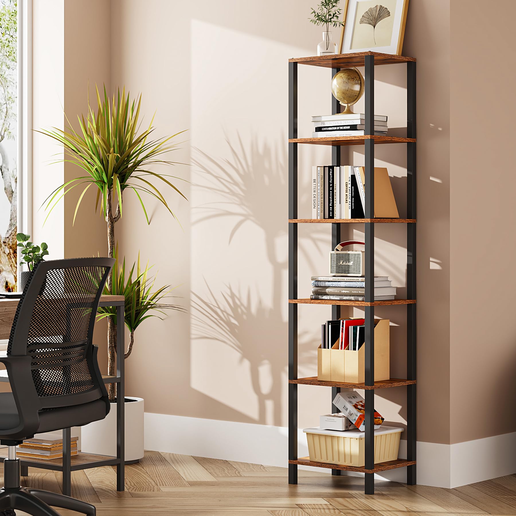 TUTOTAK Bookshelf, 6-Tier Tall Book Shelf, Narrow Bookcase for Small Space, DIY Stackable Bookshelf, for Living Room, Office, St