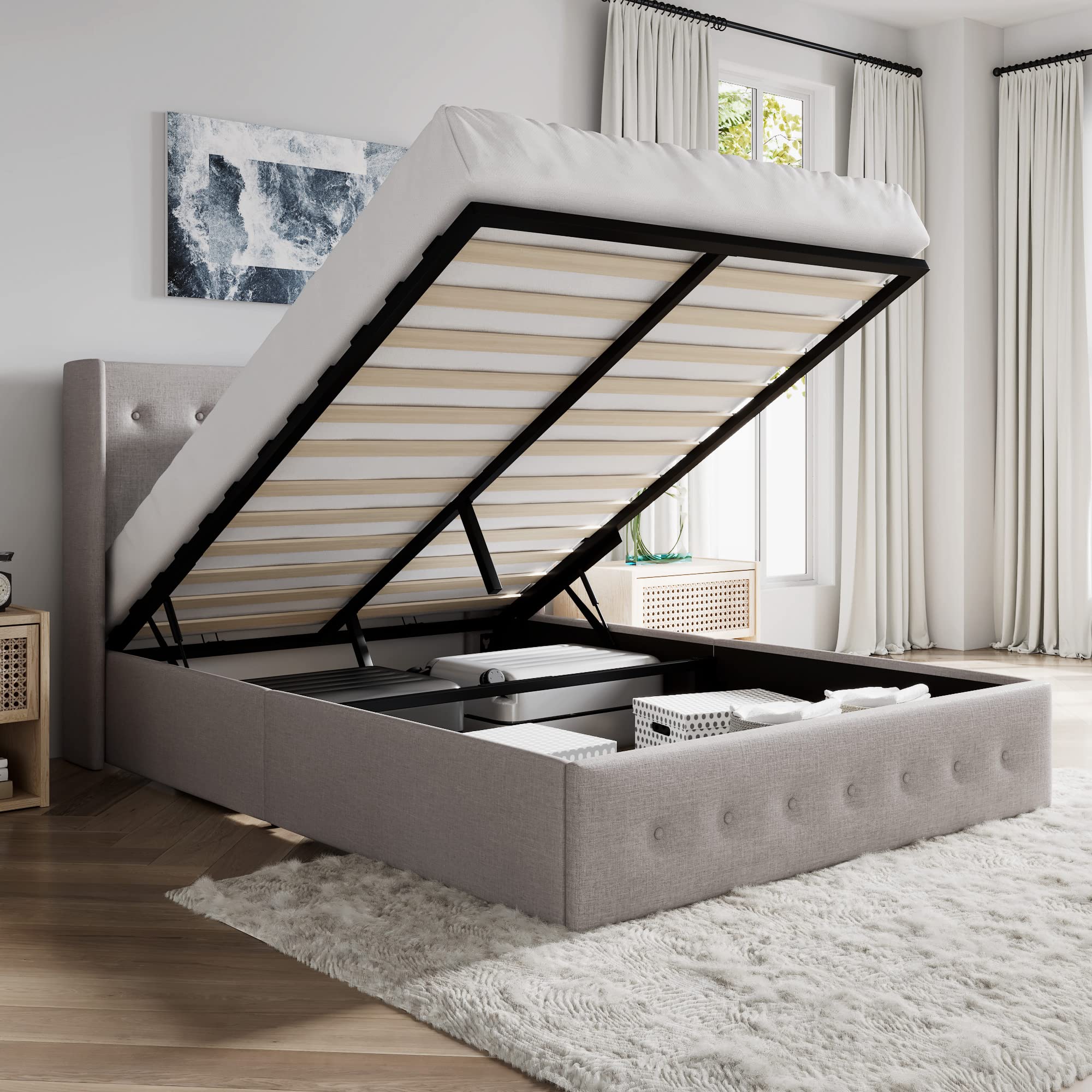 SHA CERLIN Queen Size Lift Up Storage Bed Frame,Button Tufted Wingback Headboard,Upholstered Platform,Hydraulic Storage,Wooden S