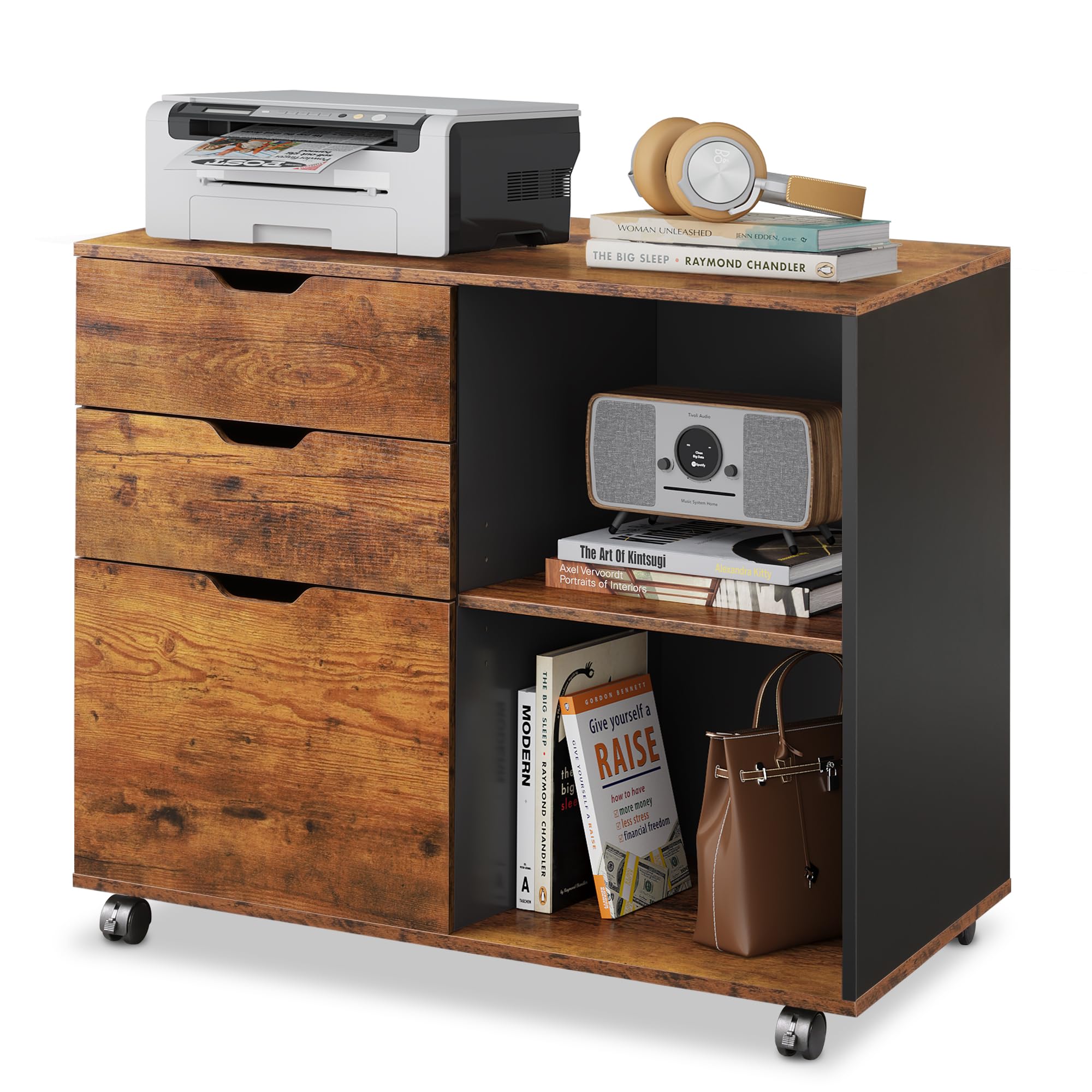 DEVAISE 3-Drawer Wood File Cabinet, Mobile Lateral Filing Cabinet, Printer Stand with Open Storage Shelves for Home Office, Rust