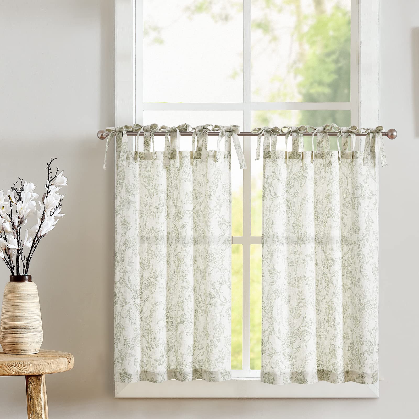 jinchan Linen Kitchen Curtains Floral Tier Curtains 24 Inch Farmhouse Cafe Curtains Tie Top Botanic Small Window Curtains for Co
