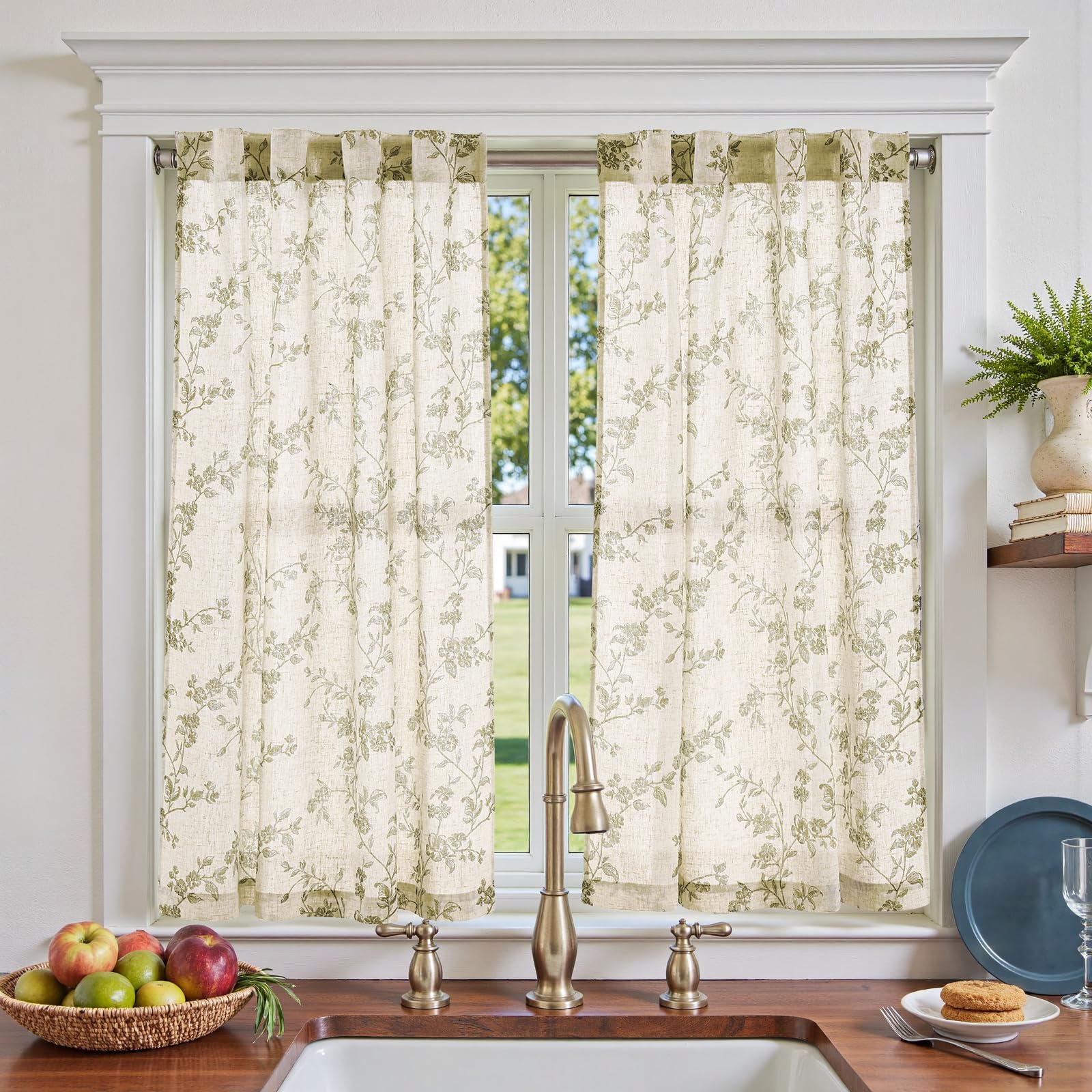 jinchan Floral Kitchen Curtains 45 Inch Linen Tier Curtains Farmhouse Cafe Half Window Drapes for Small Windows Light Filtering 