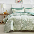AIKASY Blue Green Queen Comforter Set with Sheets,Bed in a Bag 7-Pieces,Palm Tree Totem Printing Design,Ultra Soft Down Alternat