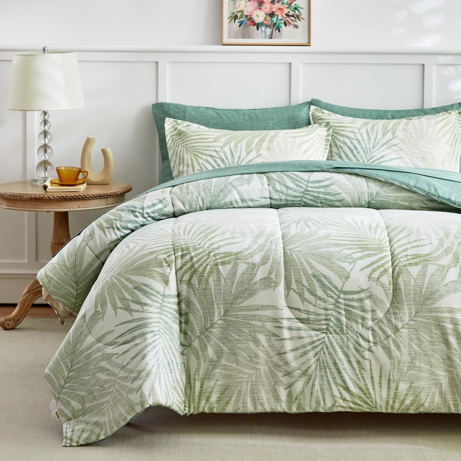 AIKASY Blue Green Queen Comforter Set with Sheets,Bed in a Bag 7-Pieces,Palm Tree Totem Printing Design,Ultra Soft Down Alternat