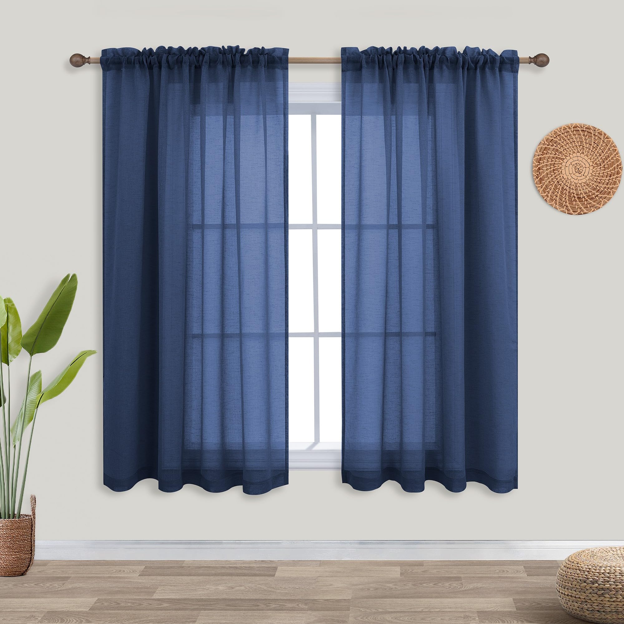 KOUFALL Navy Blue Curtains for Bathroom Window,Sheer Short Curtains for Kitchen,45 Inch Length