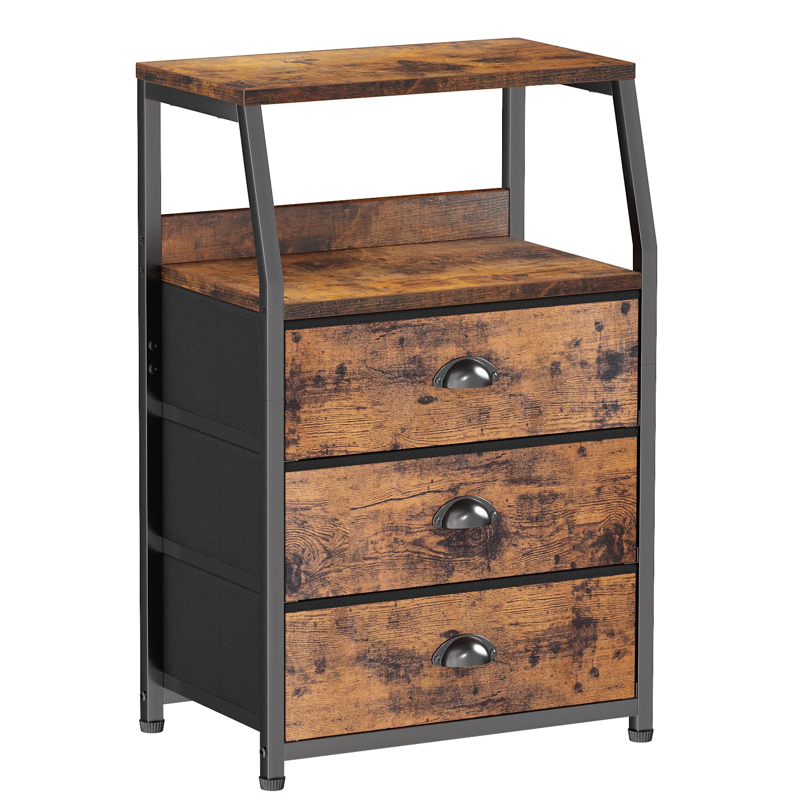 Furnulem Nightstand with 3 Drawers and 2-Tier Shelf, Fabric Small Dresser Organizer Vertical Storage Tower for Bedroom, Closet, 