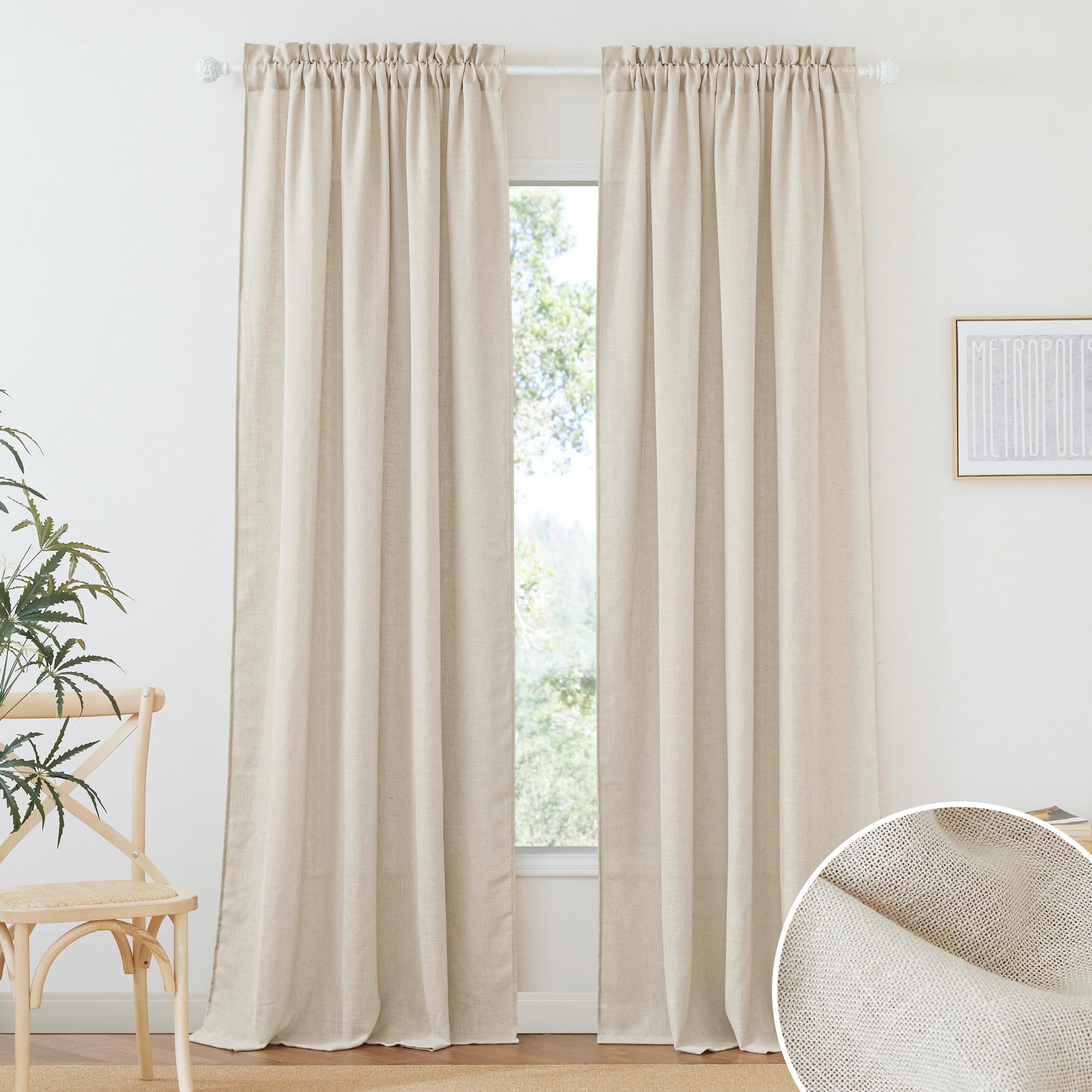 RYB HOME Beige Curtains Semi Sheer Linen Blend Fabric Light and Airy Half Privacy Window Drapes Treatments for Bedroom Dining Li
