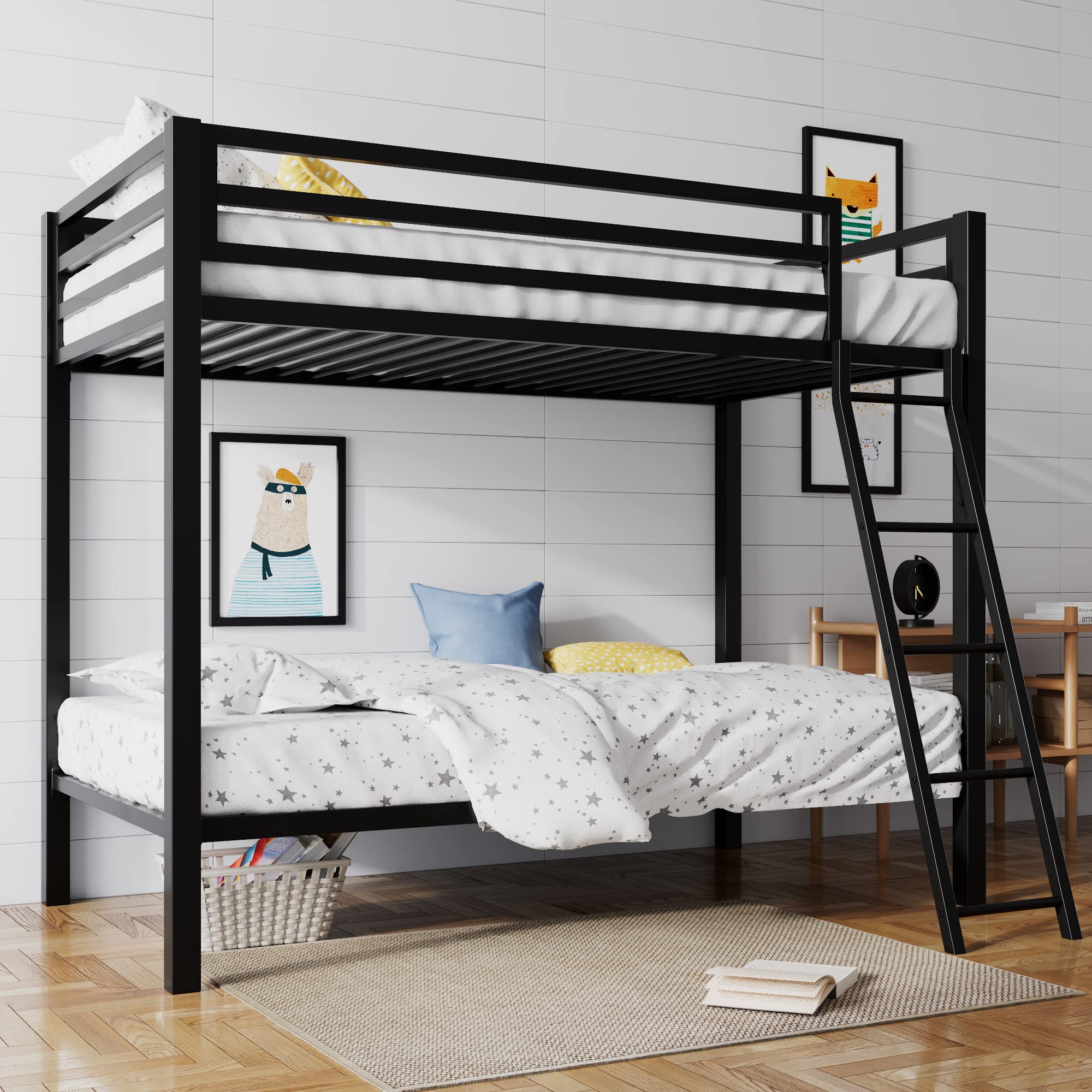 SHA CERLIN Loft Bunk Bed Twin Over Twin Size with Ladder and Guardrail,Heavy Duty Metal Slats Support No Box Spring Needed Small