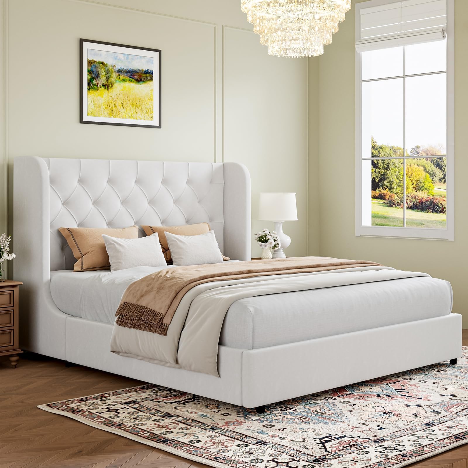 HOMBCK White Queen Bed Frame, Velvet Upholstered Platform Bed Frame with Headboard, Curved Wingback Design, Wooden Slats, No Box