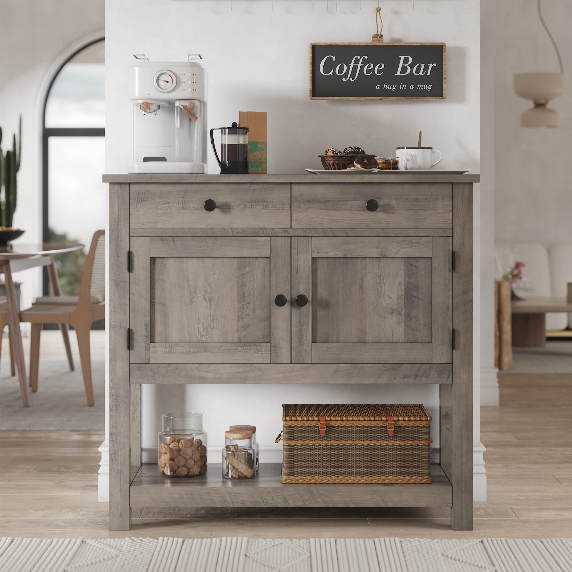 HOSTACK Farmhouse Console Table with 2-Door Cabinet & 2 Drawers, Coffee Bar, Entryway Table with Storage Shelf, Sofa Tables Buff