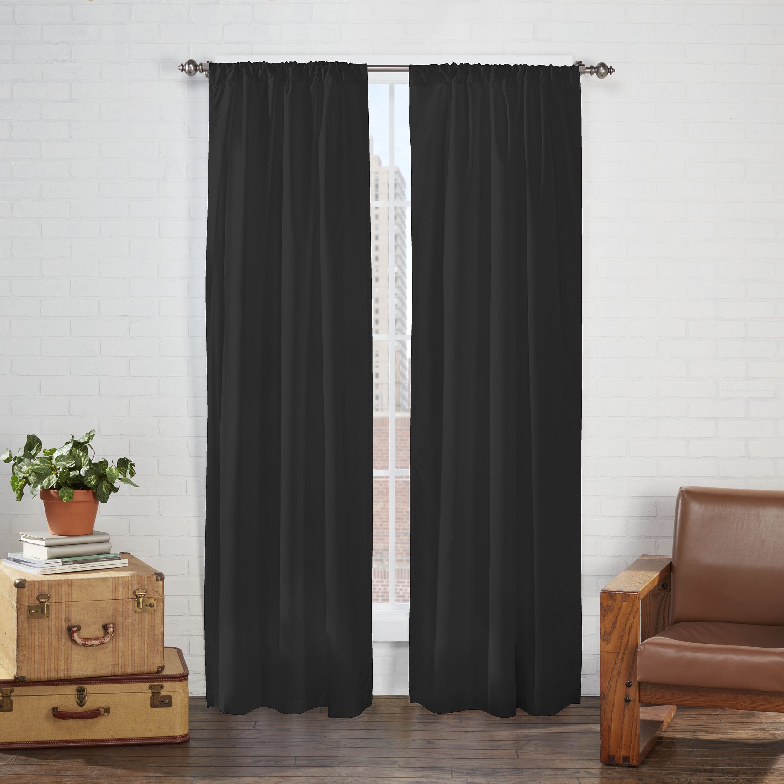 Eclipse Cadenza Microfiber Rod Pocket Panel Pair, Light Filtering Window Curtains, 54 in long x 40 in wide, (2 Panels), Black