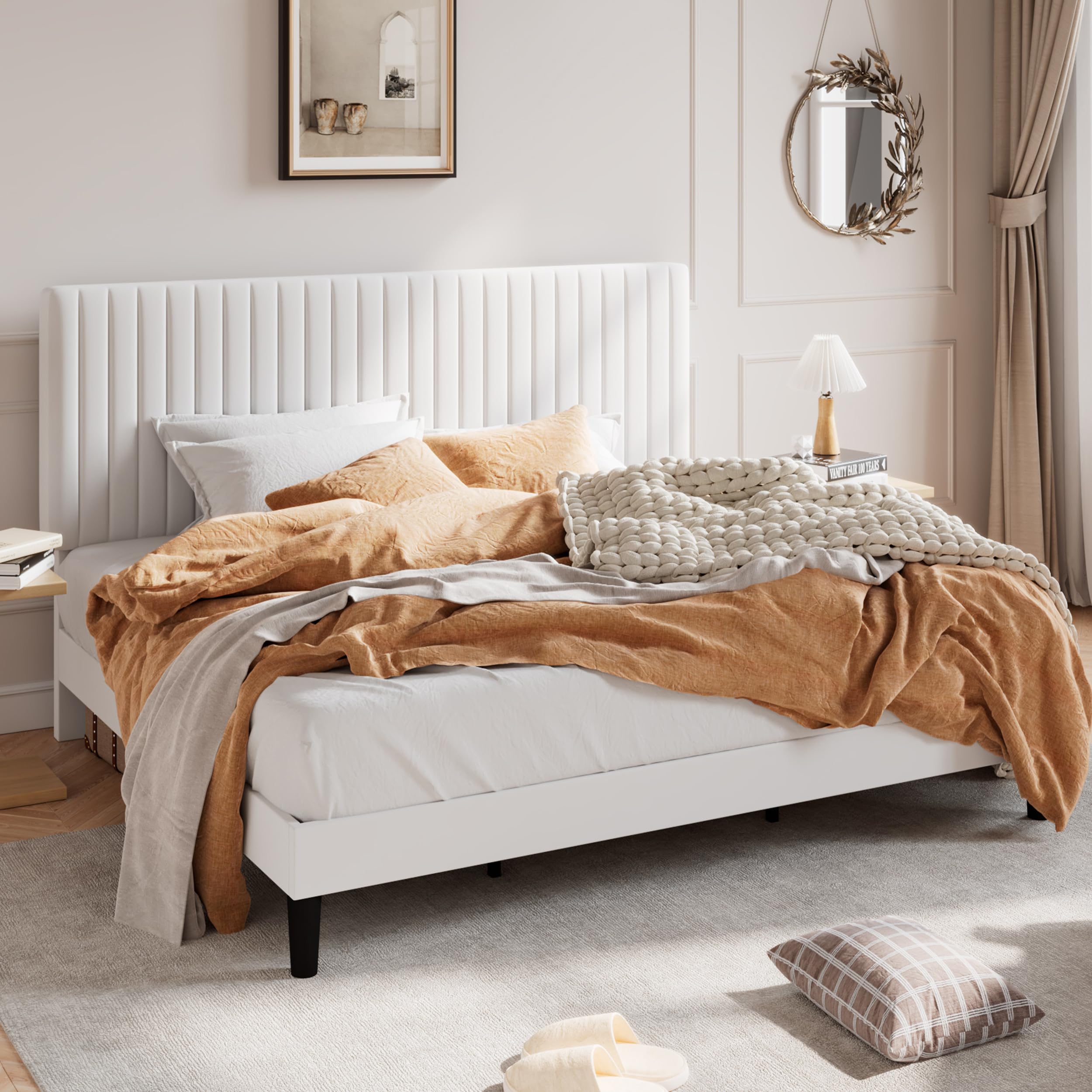SHA CERLIN King Upholstered Platform Bed Frame with Vertical Channel Tufted Velvet Fabric Adjustable Headboard, Wooden Slats Sup