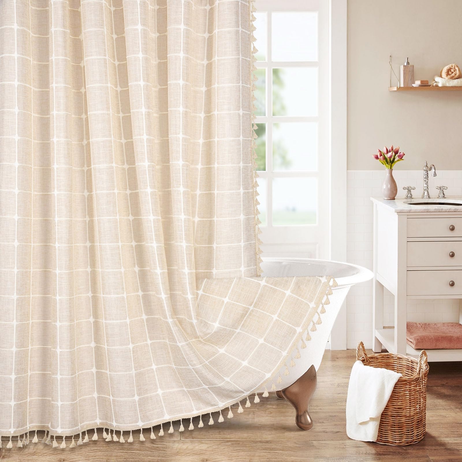 MitoVilla Boho Farmhouse Shower Curtains - Cotton Linen Fabric, Vintage Country Thick Shower Curtain for Bathroom Decor, Rustic 