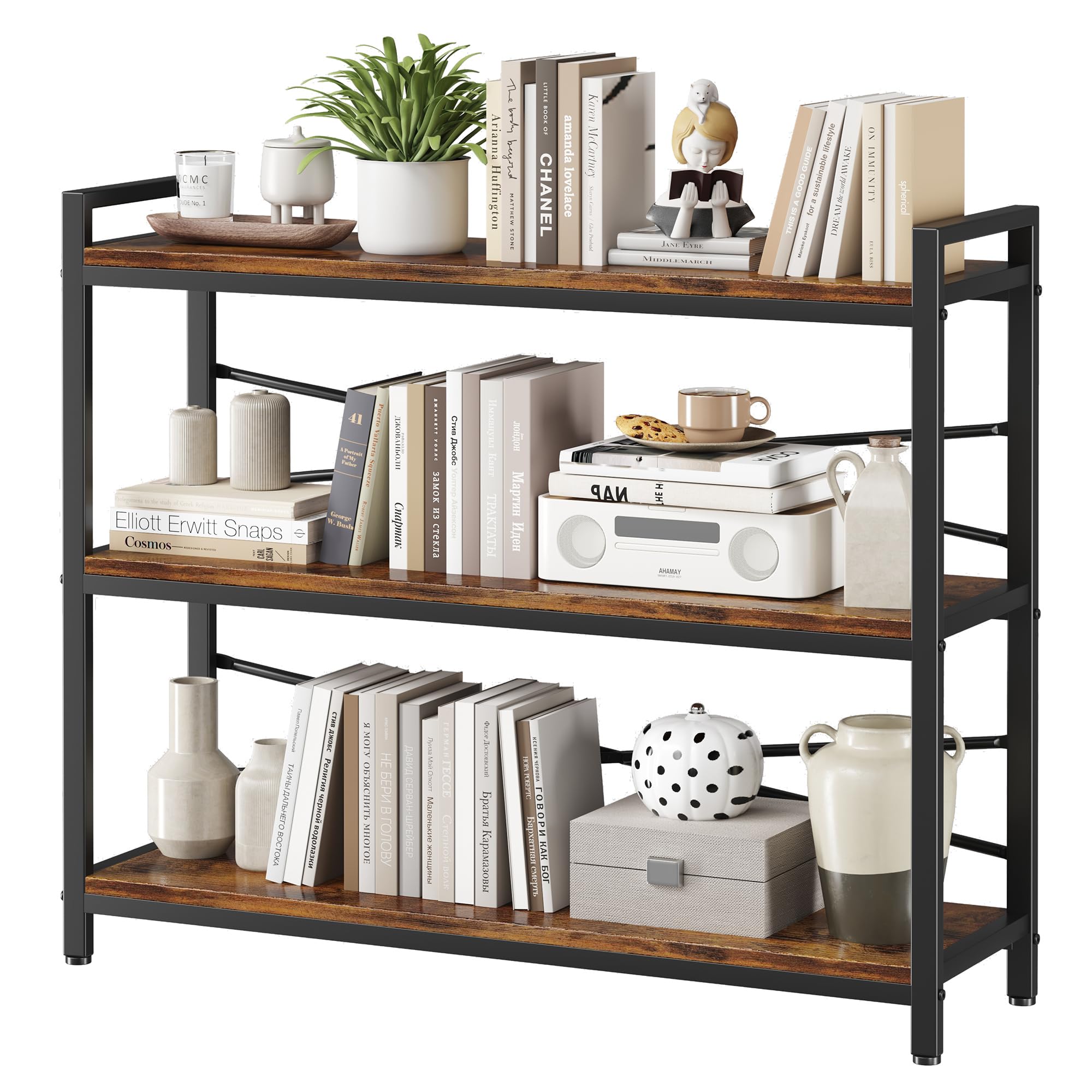 3 Tier Bookshelf 39.37  Width, Long Industrial Bookcase, Vintage Farmhouse Modern Wooden Big Book Shelf for Home Living Room Bed