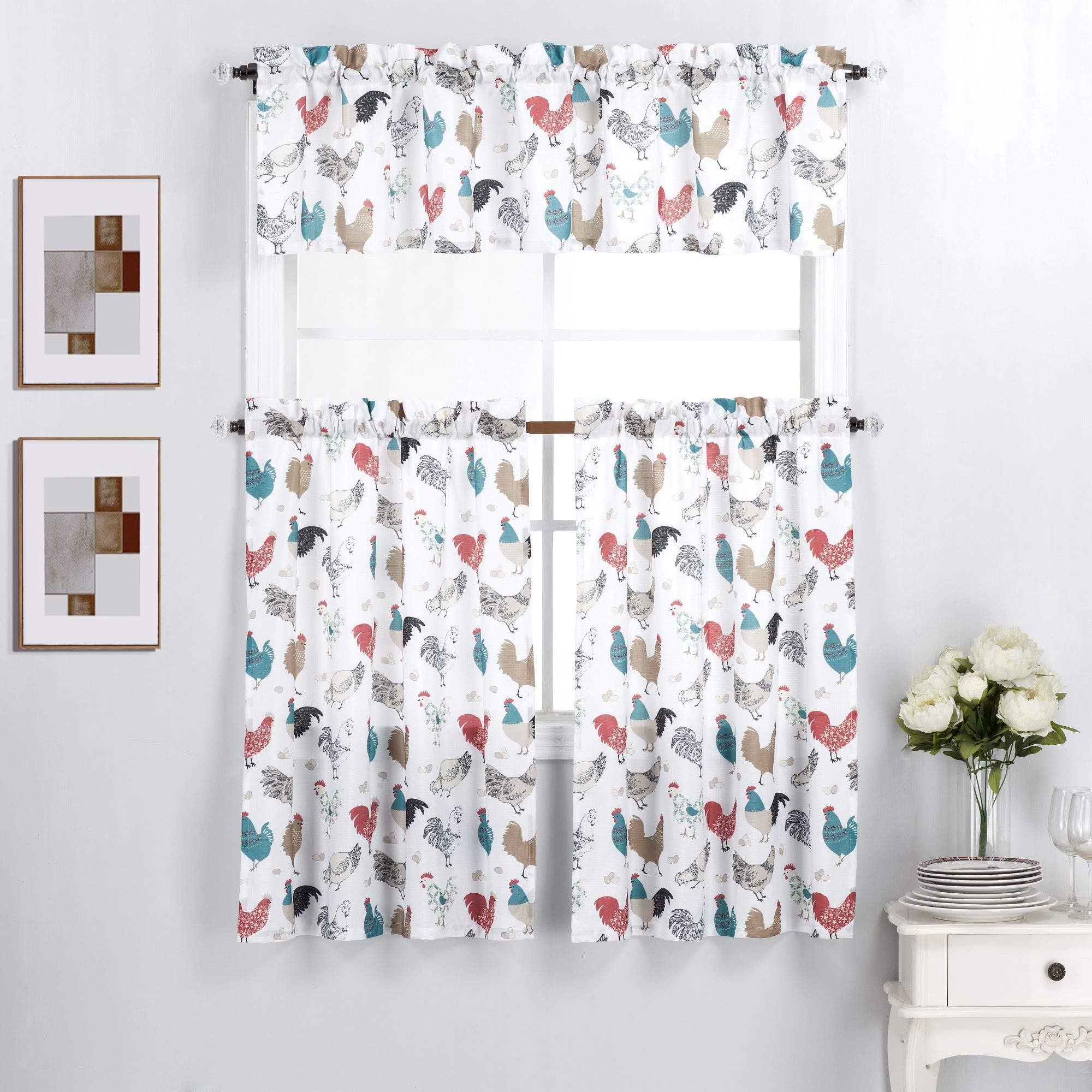 Interior Trends 3 Piece Kitchen Window Curtain Panel Tiers and Valance Set (36 Tiers Set, Multicolor Roosters)