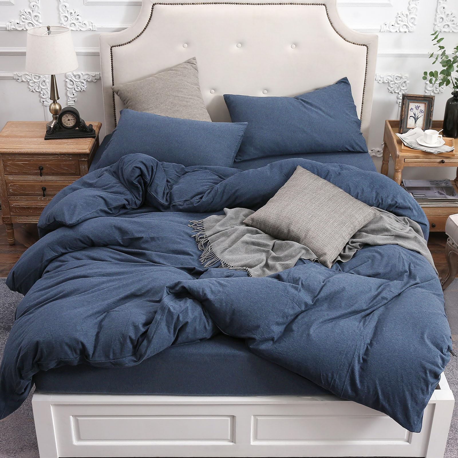 PURE ERA Jersey Knit Duvet Cover Set 100% T-Shirt Cotton Super Soft Comfy 3pc Bedding Set with Zipper Closure (Heather Navy Blue