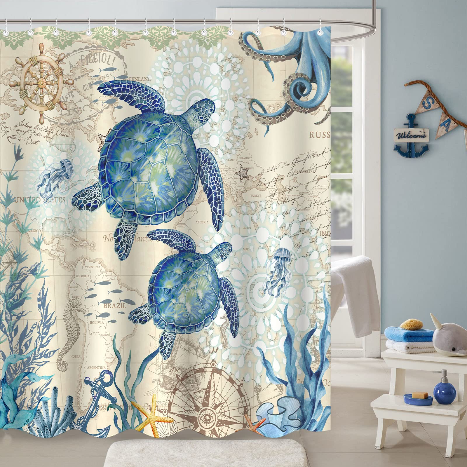 Aipon Nautical Sea Turtle Shower Curtain Ocean Octopus Beach Coastal Blue Seashell Jellyfish Theme Extra Long Waterproof Fabric 
