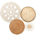 Set of 4 Boho Wall Basket Decor - Round Rattan Hollow Bamboo Flower Shape Flat Woven Hanging Set With Macrame Tassel Tapestry fo