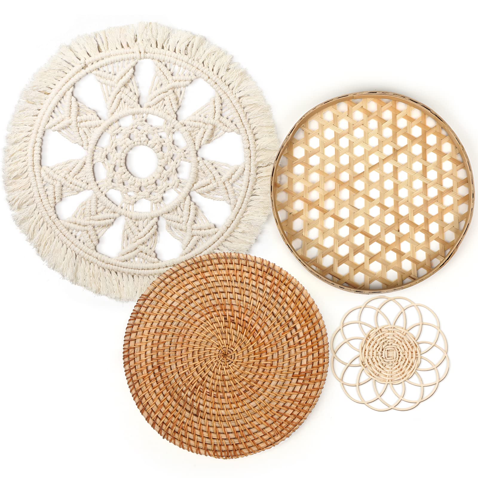 Set of 4 Boho Wall Basket Decor - Round Rattan Hollow Bamboo Flower Shape Flat Woven Hanging Set With Macrame Tassel Tapestry fo