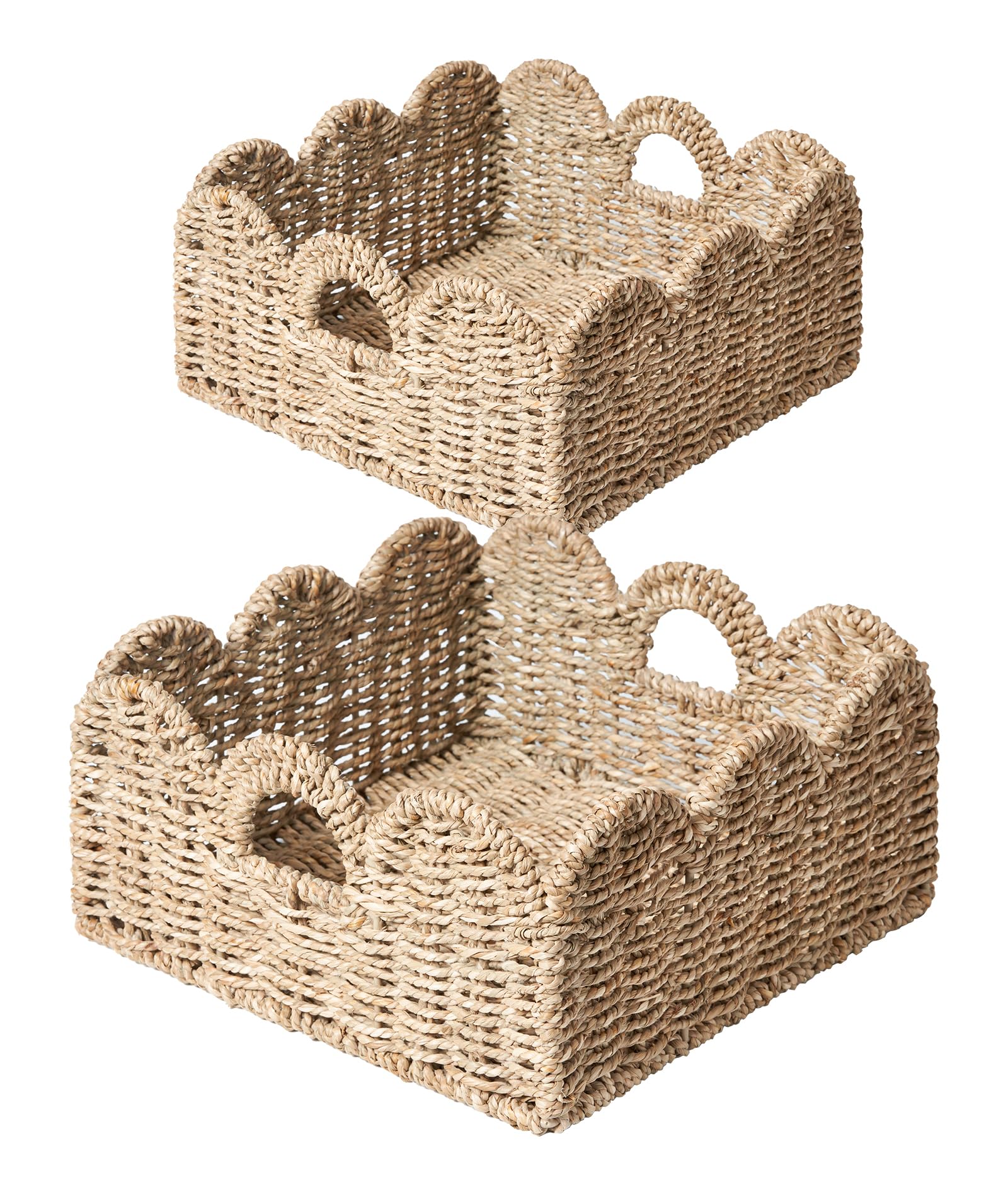 Scalloped Basket 2 Pack Wicker & Rattan Storage with Built-in Handles, Decorative Woven Seagrass Basket for Nursery & Bathroom O