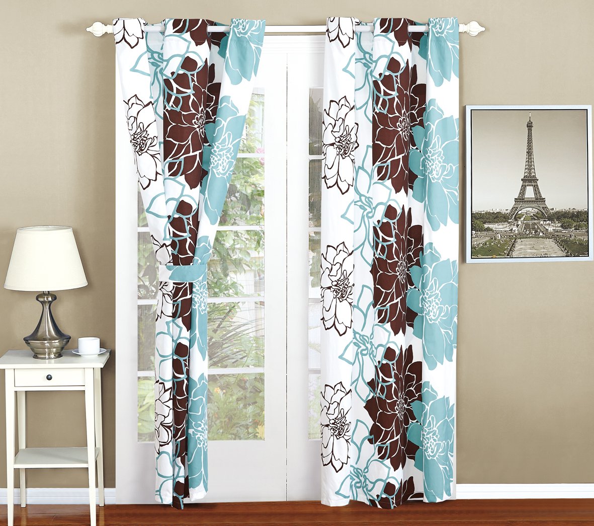 All American Collection New 4pc (2 PCS Curtain with 2 PCS Matching Tiebacks) Flower Printed Curtain Set for Reversible Bedspread