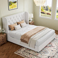 HOMBCK Full Size Bed Frame, White Upholstered Platform Bed Frame with Headboard, Velvet Tufted, Curved Wingback Design, Wooden S
