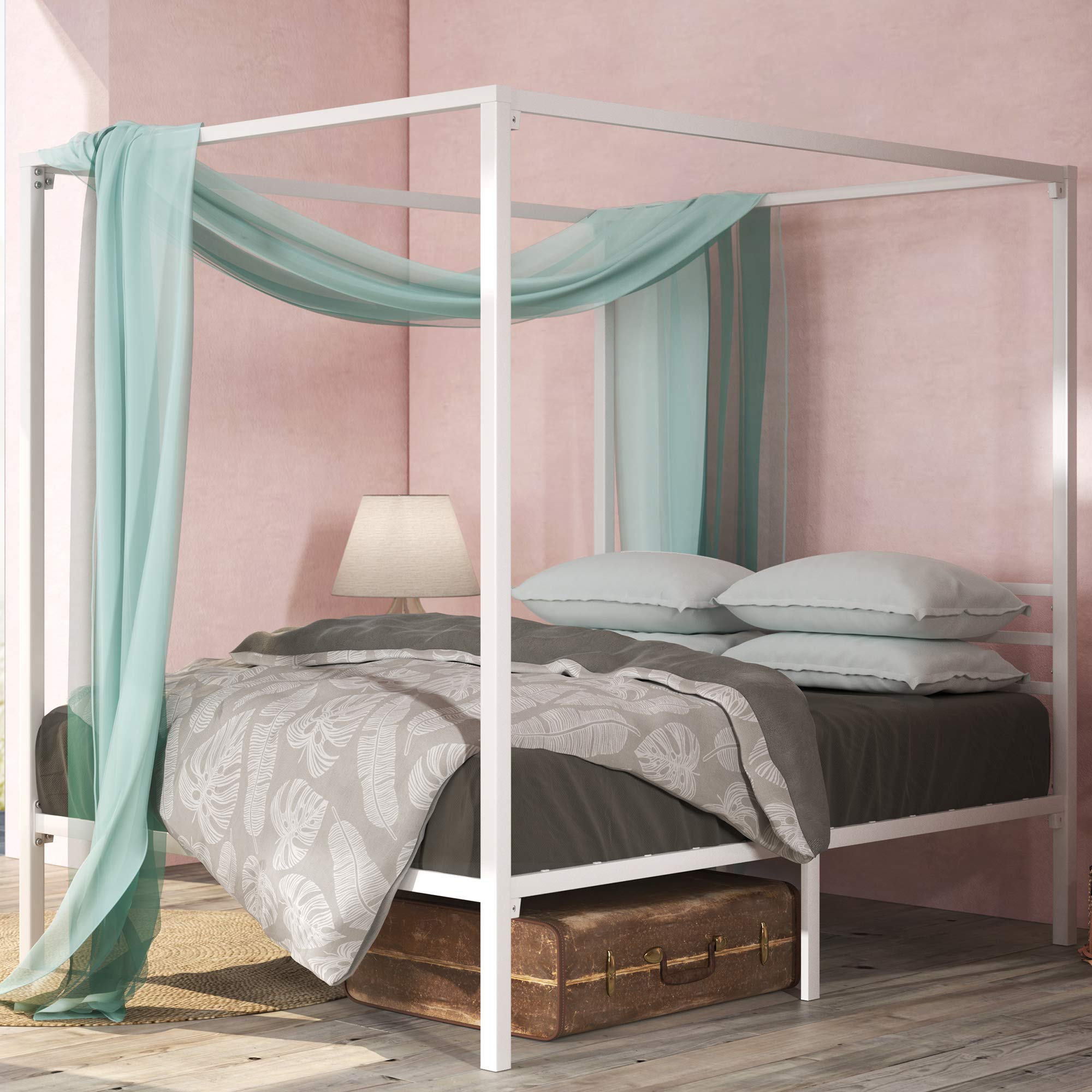ZINUS Patricia White Metal Canopy Platform Bed Frame, Mattress Foundation with Steel Slat Support, No Box Spring Needed, Easy As