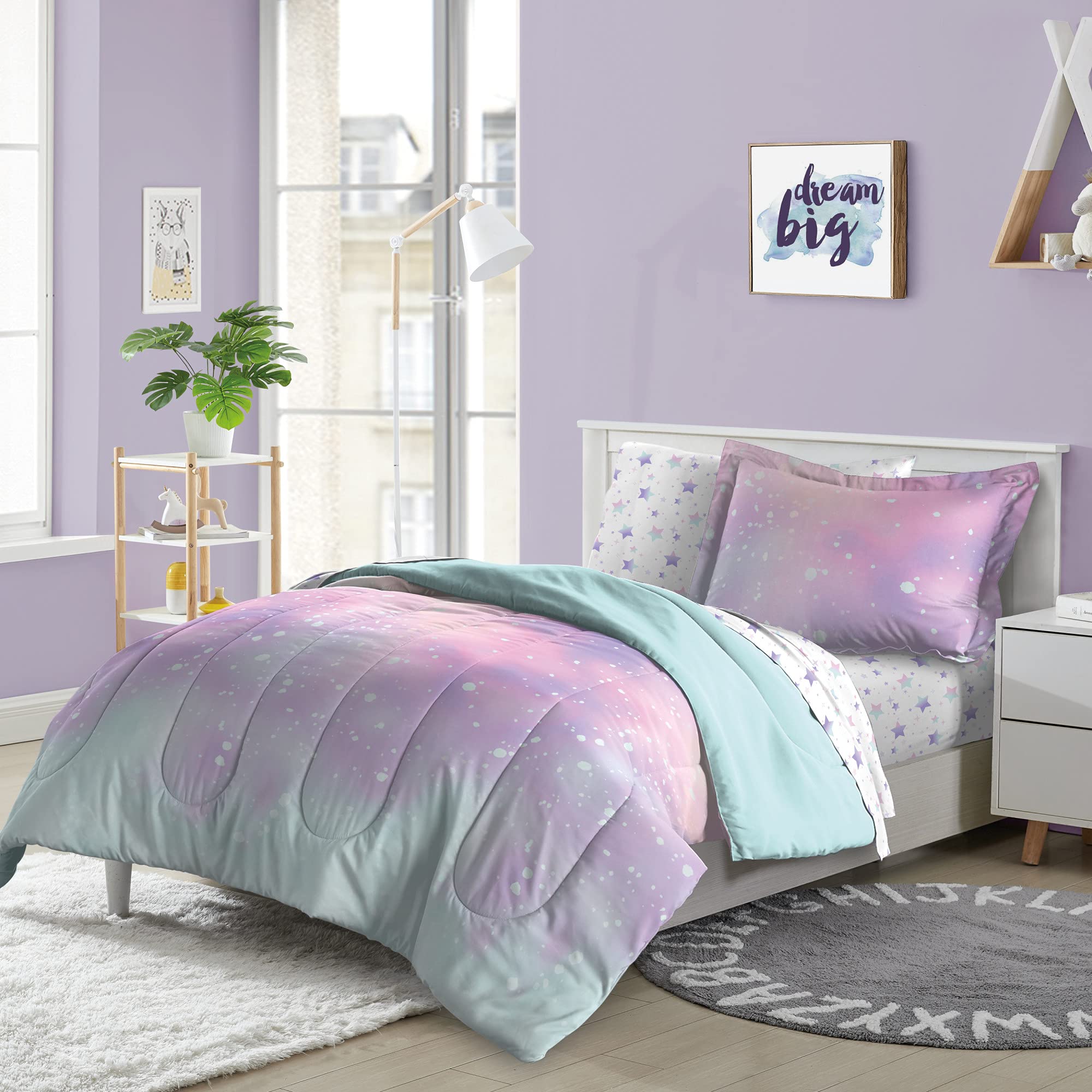 dream FACTORY Kids 7-Piece Complete Bed Set Easy-Wash Super Soft Microfiber Comforter Bedding, Full, Pink Twilight Galaxy Stars