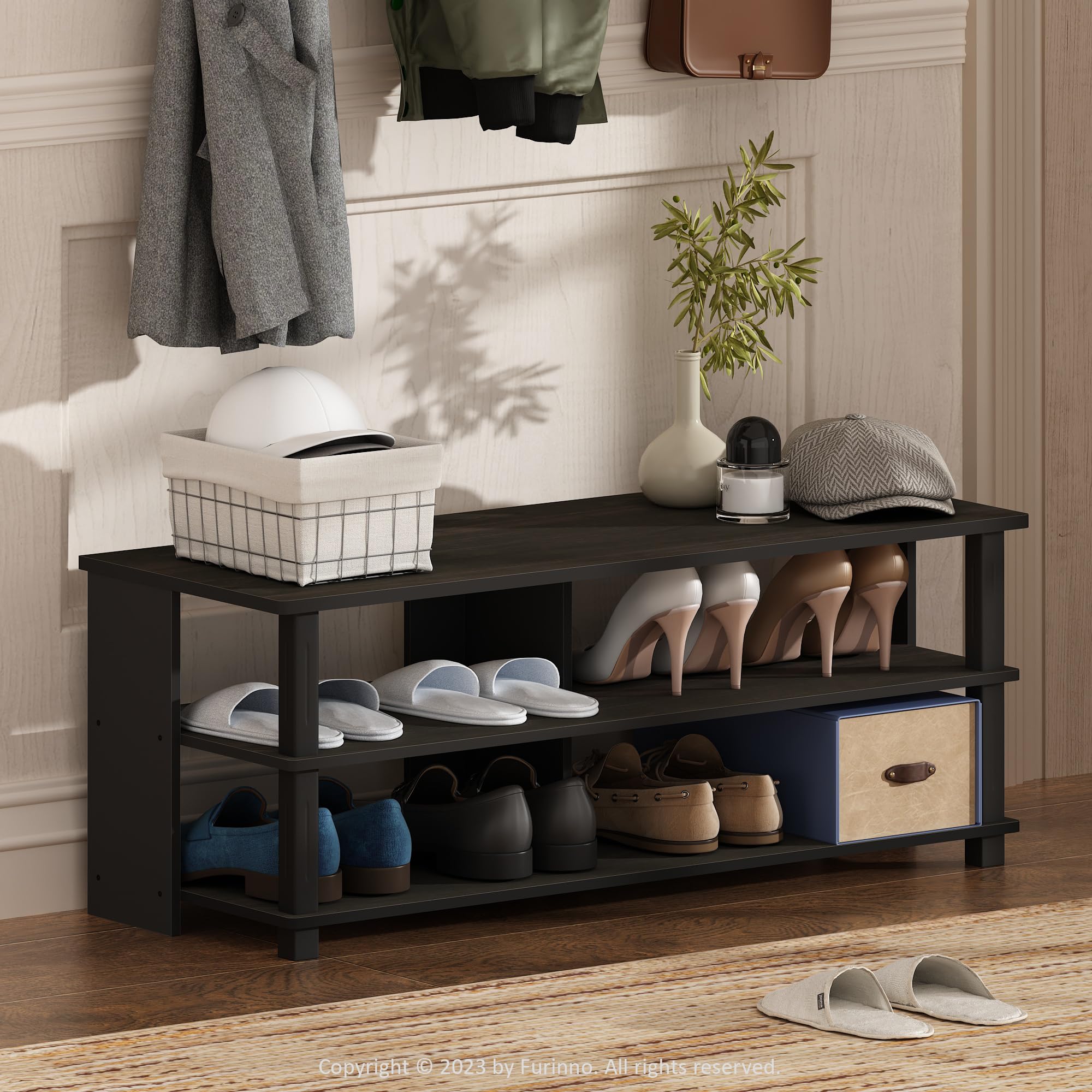 Furinno Turn-N-Tube 3-Tier Compact Open Storage Shoe Rack for Closet Entryway, Espresso/Black
