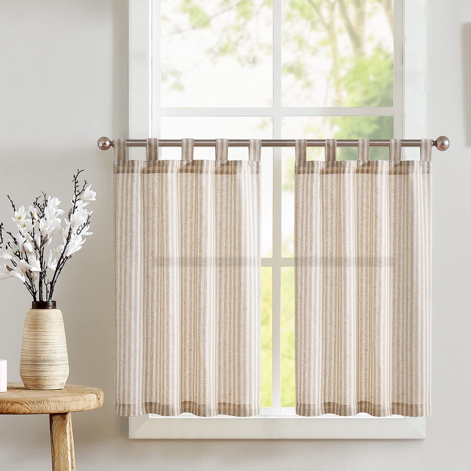jinchan Kitchen Curtains Linen Striped Tier Curtains 24 Inch Length Ticking Stripe Cafe Curtains Pinstripe Farmhouse Small Windo