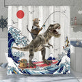 Fowocu Funny Cat Dinosaur Shower Curtain Fun Kitten Fishing Japanese Ocean Wave Waterproof Fabric Shower Curtains for Bathroom K