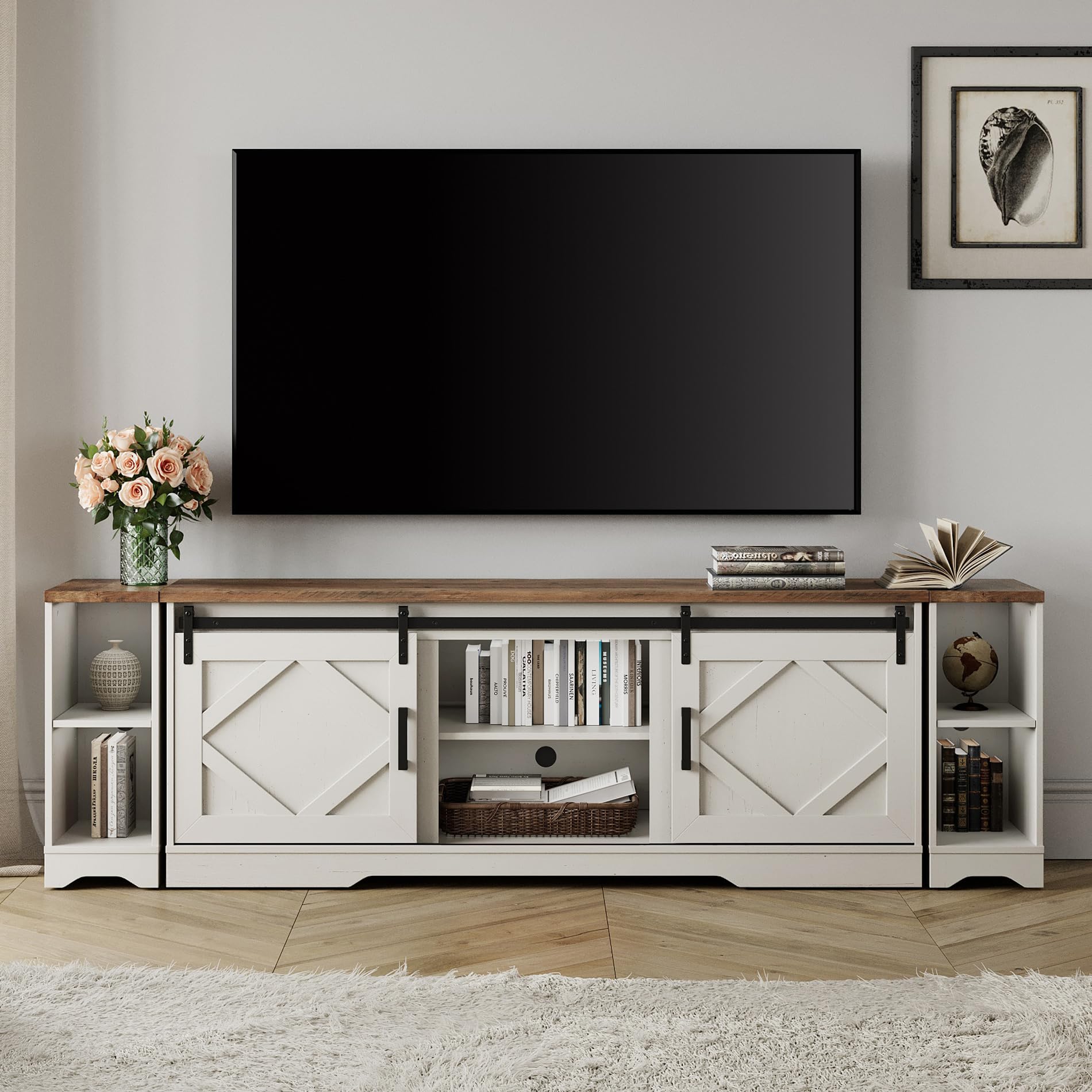 WAMPAT Modern Farmhouse 3 in 1 TV Stand for 75 85 95 TVs Wood Entertainment Center with Open Storage for Living Room Antique Whi