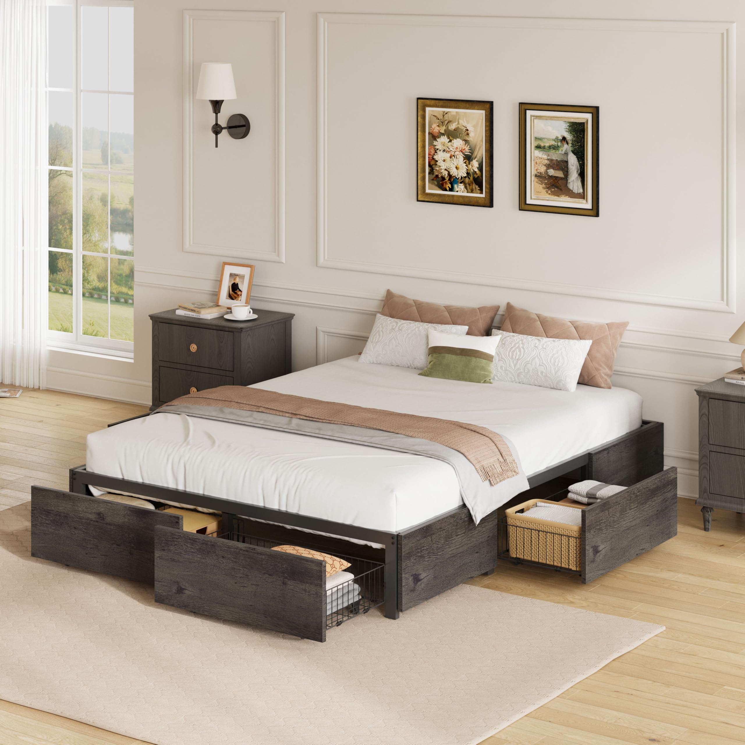 LIKIMIO Queen Bed Frame with Storage, 4 Drawers and Heavy Strong Metal Support Frames, Solid Stable, Noise-Free, No Box Spring N