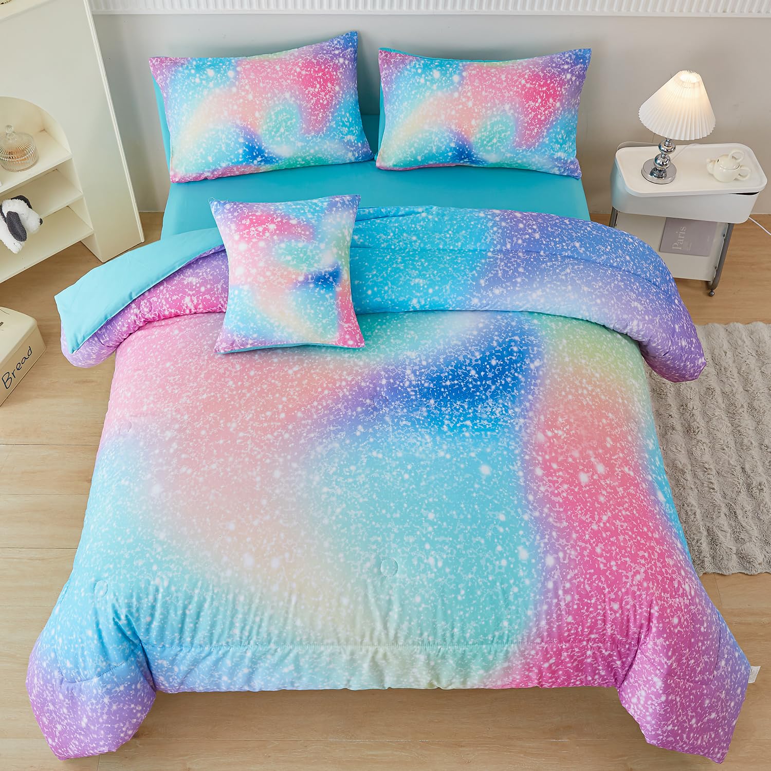PERFEMET Pink Green Girls Twin Comforter Set, 6 Pieces Colorful Rainbow Kids Bedding Sets, Tie Dye Ombre Glitter Bed in A Bag Co