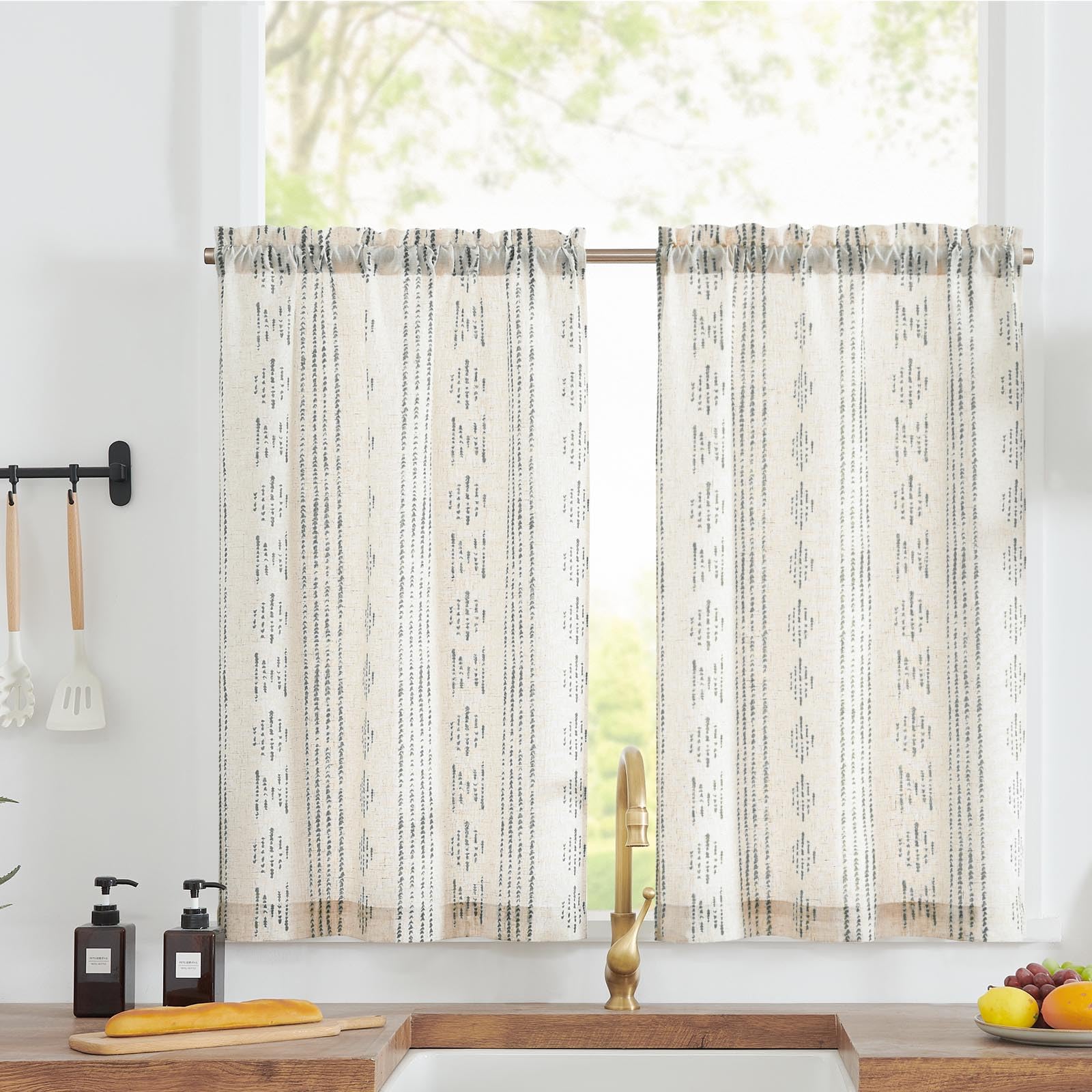 jinchan Boho Kitchen Curtains Linen Tier Curtains 36 Inches Bohemian Small Cafe Curtains Gray Striped Farmhouse Curtains for Bat